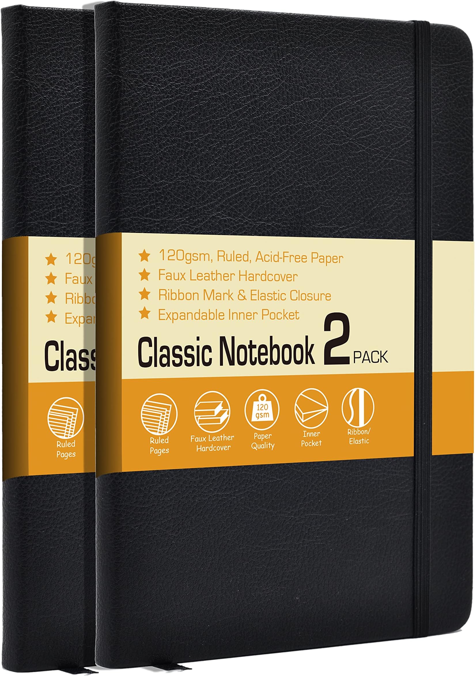 Faux Leather Lined Journal Notebooks with 120 GSM, Hardcover Executive Notebook, 5.25 x 8.25 inches for Writing - Date Mark, Inner Pocket, Ribbon Mark & Elastic Closure (Black, Pack of 2)