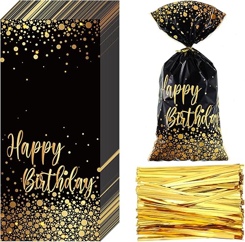 Miniatura 1 de 100 bolsas de feliz cumpleaños, pequeñas bolsas de celofán negro y dorado, bolsas de regalo de puntos, bolsas de dulces con 100 lazos dorados,