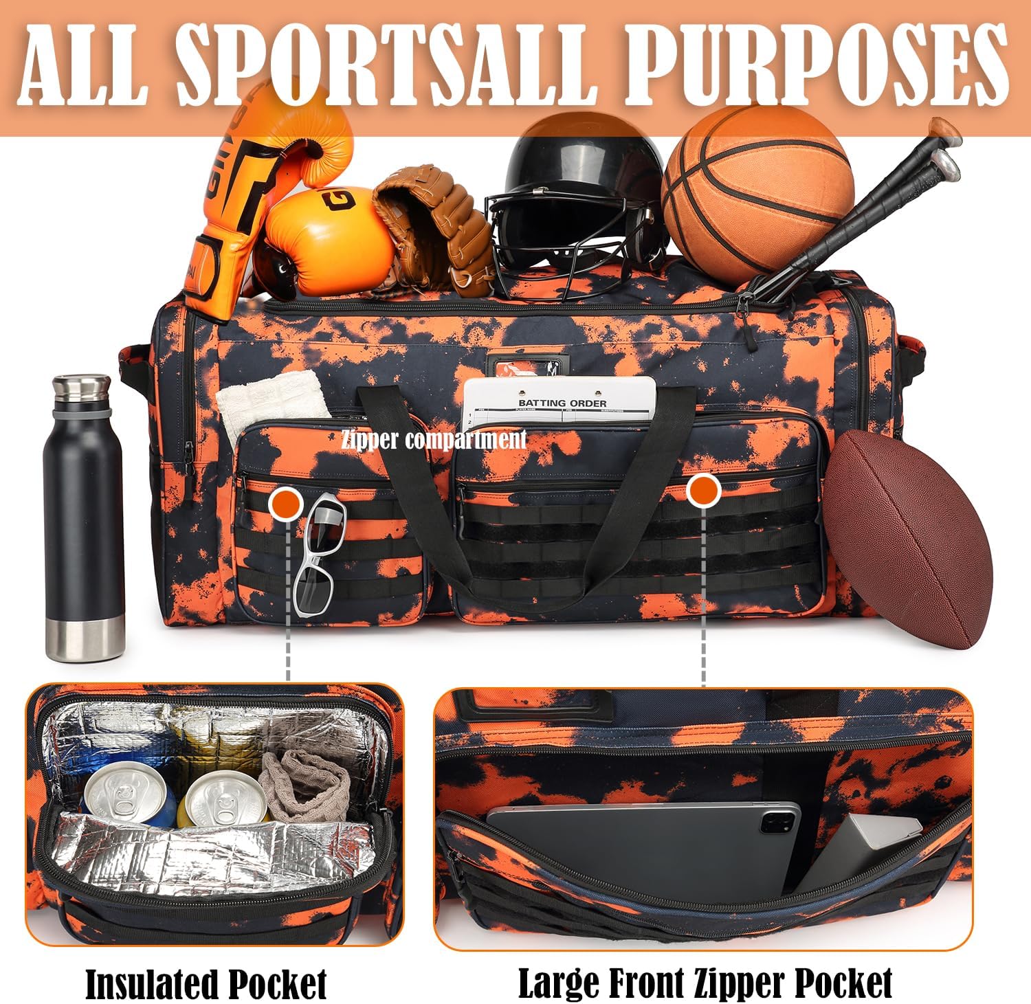 Extra Large Duffle Bag for Men, Heavy Duty Duffle Bag for Travel, Large Sports Gym Equipment Bag for Hockey Football Soccer Baseball Basketball & Team training (Orange Graffiti)