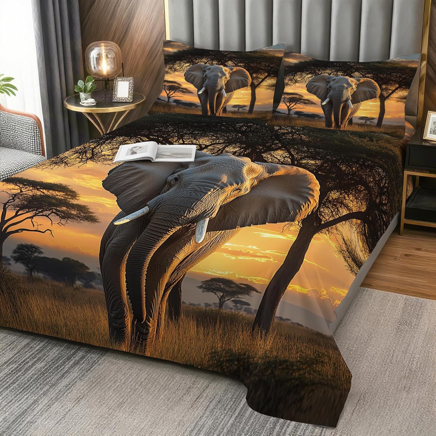 Elephant Sheets Queen Size - African Wildlife Sunset Bed Sheet Set - Deep Pocket Soft Microfiber Bedding Set 4 Piece - Fitted Flat Sheet Pillowcases - Elephant Bedroom Decor & Gifts