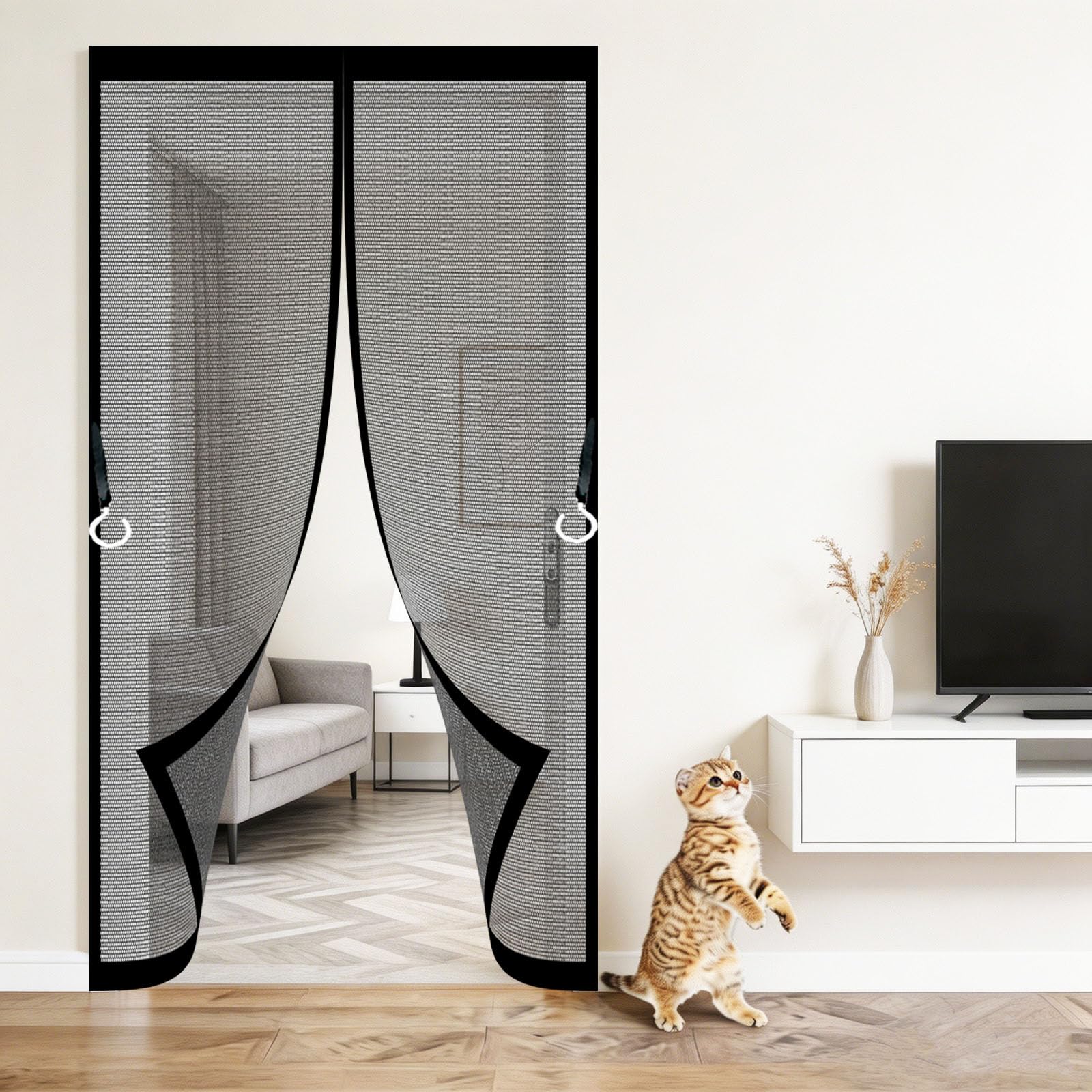 Heavy Duty Bug Mesh Curtain 138 x 140 cm Frame Hook & Loop Keep Bugs Out Lets Fresh Air in No Gap Fiberglass Double Screen Door for Patio Doors Balcony Sliding Door, Black