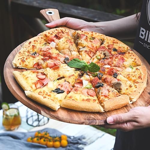 Miniatura 7 de Tabla de cortar de madera de acacia de 14 pulgadas, tablas de cortar de madera para carne, queso, pan, verduras con tabla de cortar redonda de 12