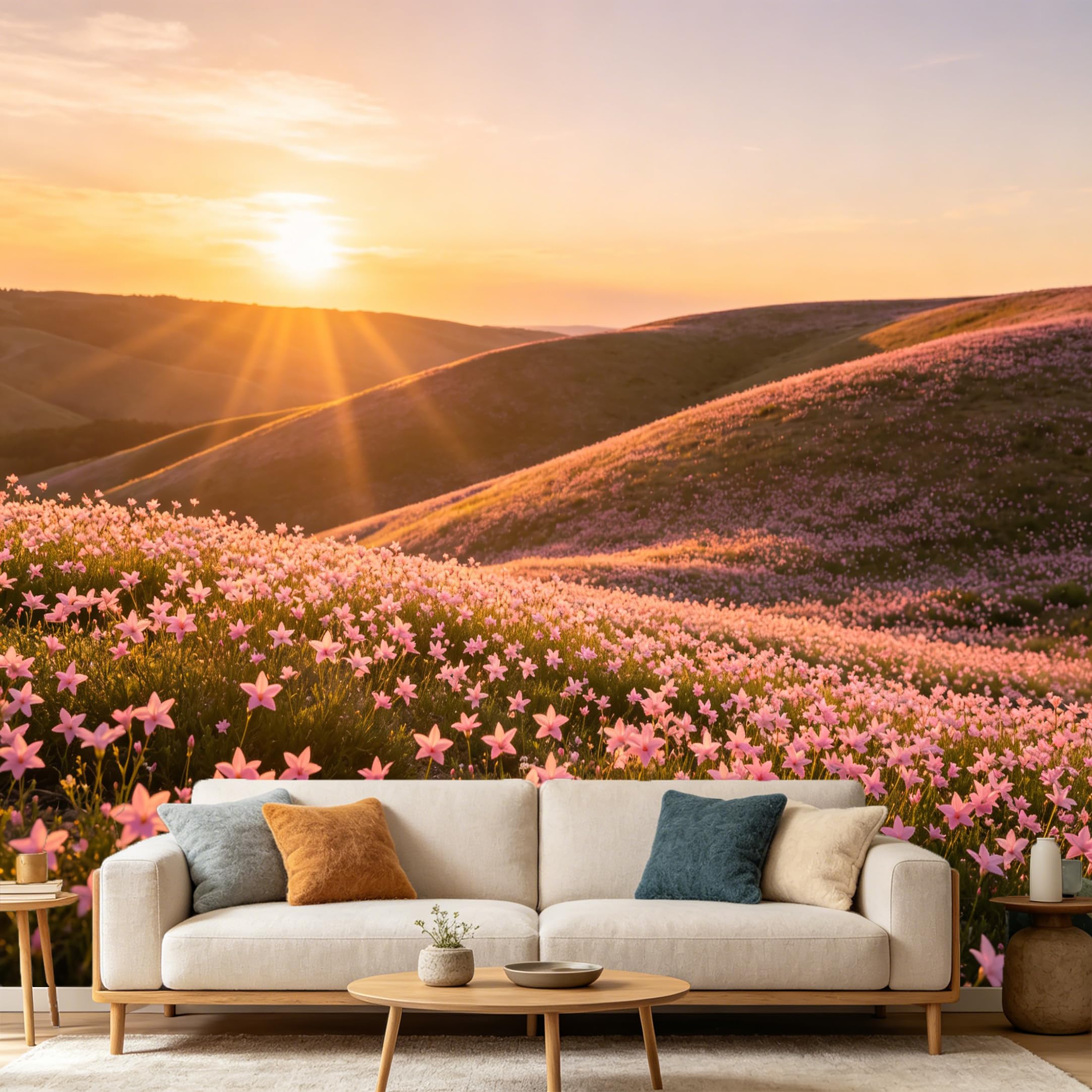 Custom Size Wall Mural Landscape Sunset Pink Wildflowers Meadow Hills SelfAdhesive Art Prints wall Fabric（No PVC） Removable Wallpaper Home Bedroom Decor