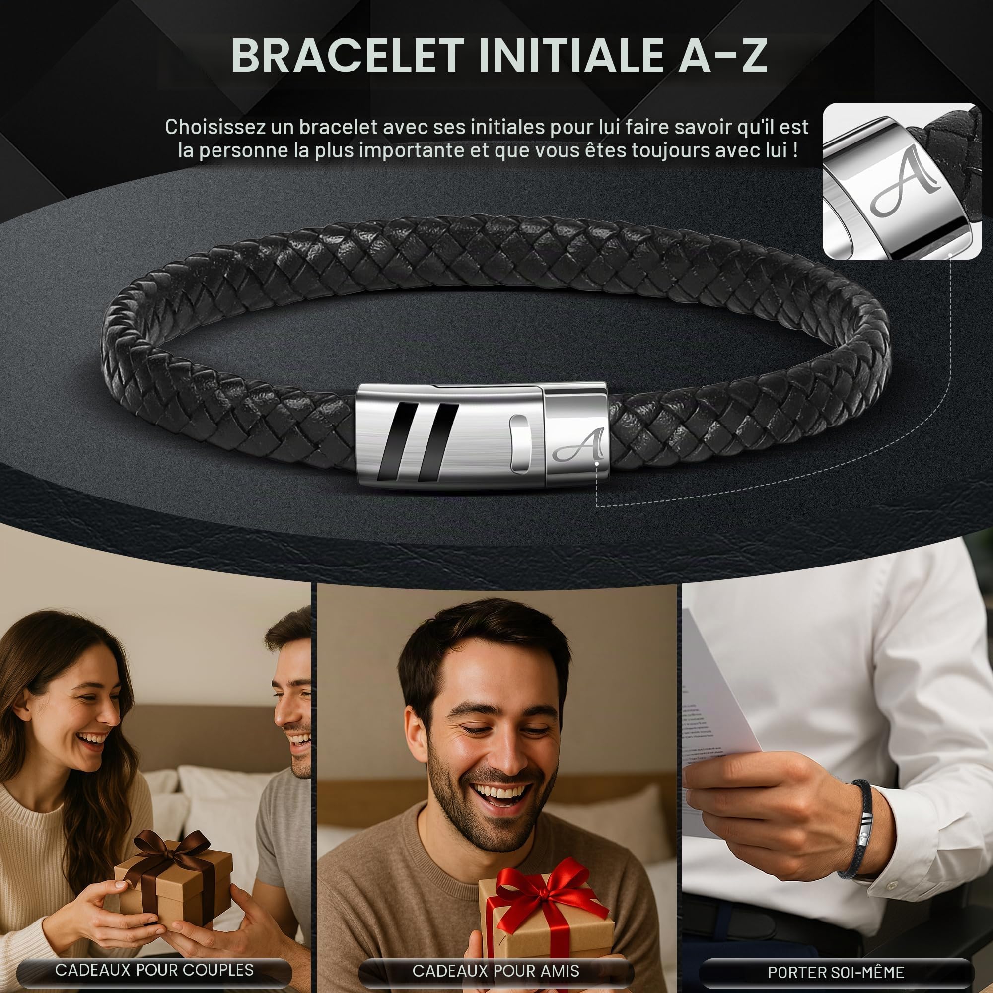 Bracelet Cuir Homme Gravé avec Initiales A-Z, Classique Tressé à la main Personnalisé Alphabet Bracelet avec Fermeture Magnétique Fête des Pères Cadeaux d'anniversaire pour Hommes