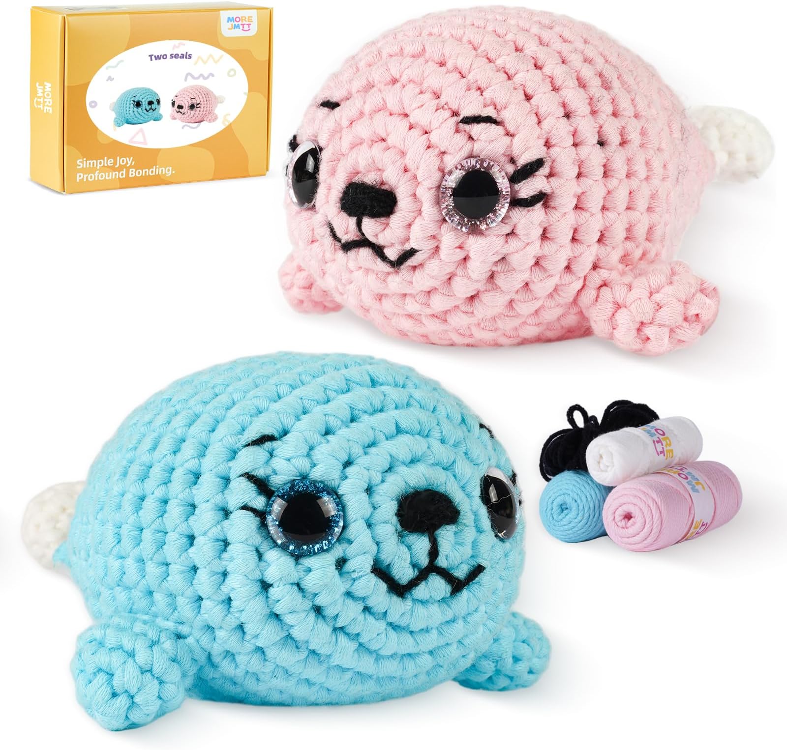 MOREJMTT Crochet Kit for Beginners, Learn to Crochet, Include Easy Knitting Soft Yarn, Step-by-Step Video Tutorial, Hook, Holiday Birthday Gift for Adults (Pink Seal& Blue Seal)