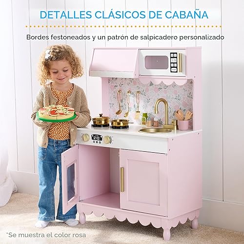 Miniatura 3 de Best Choice Products Juguete de madera para niños con almacenamiento, borde festoneado, 5 accesorios, microondas, horno, pomos de clic, color crema