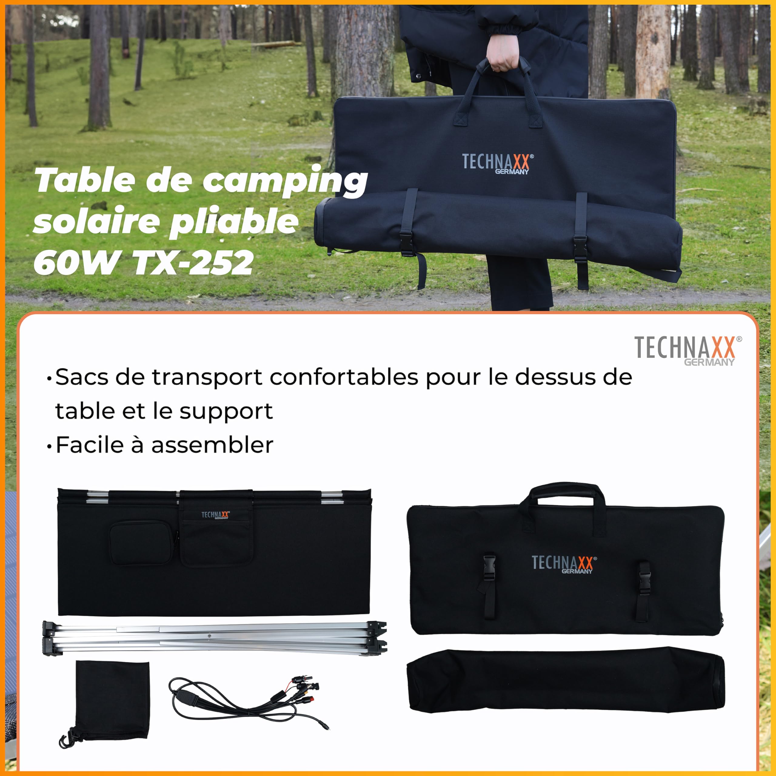Technaxx Table de Camping Solaire Pliable 60 W TX-252, Panneau Solaire monocristallin avec 3 Ports USB, Sortie CC et élaboration Robuste – Parfait pour Le Camping et l'extérieur