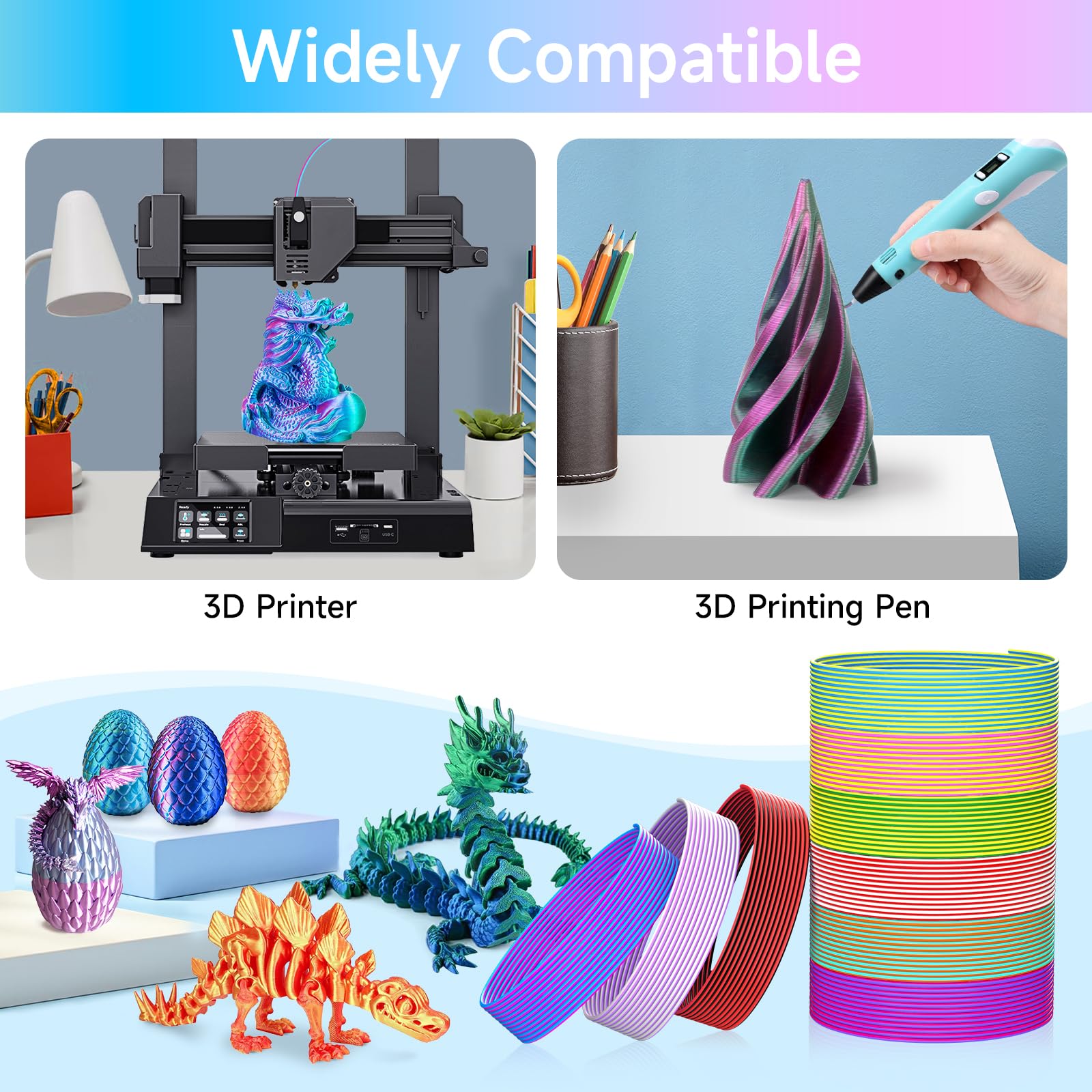 Filament 3D PLA, 20 szt. dwukolorowy filament 3D Pen 1,75 mm, po 5 m z szablonami 3D dla dzieci i dorosłych, akcesoria do długopisów 3D, filament do drukarek 3D do ODRVM, Tecboss, Lovebay