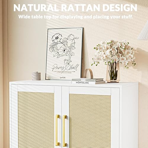 Miniatura 10 de JOZZBY Aparador de ratán, gabinete negro con puertas de ratán y estantes ajustables, armario decorativo para comedor, pasillo