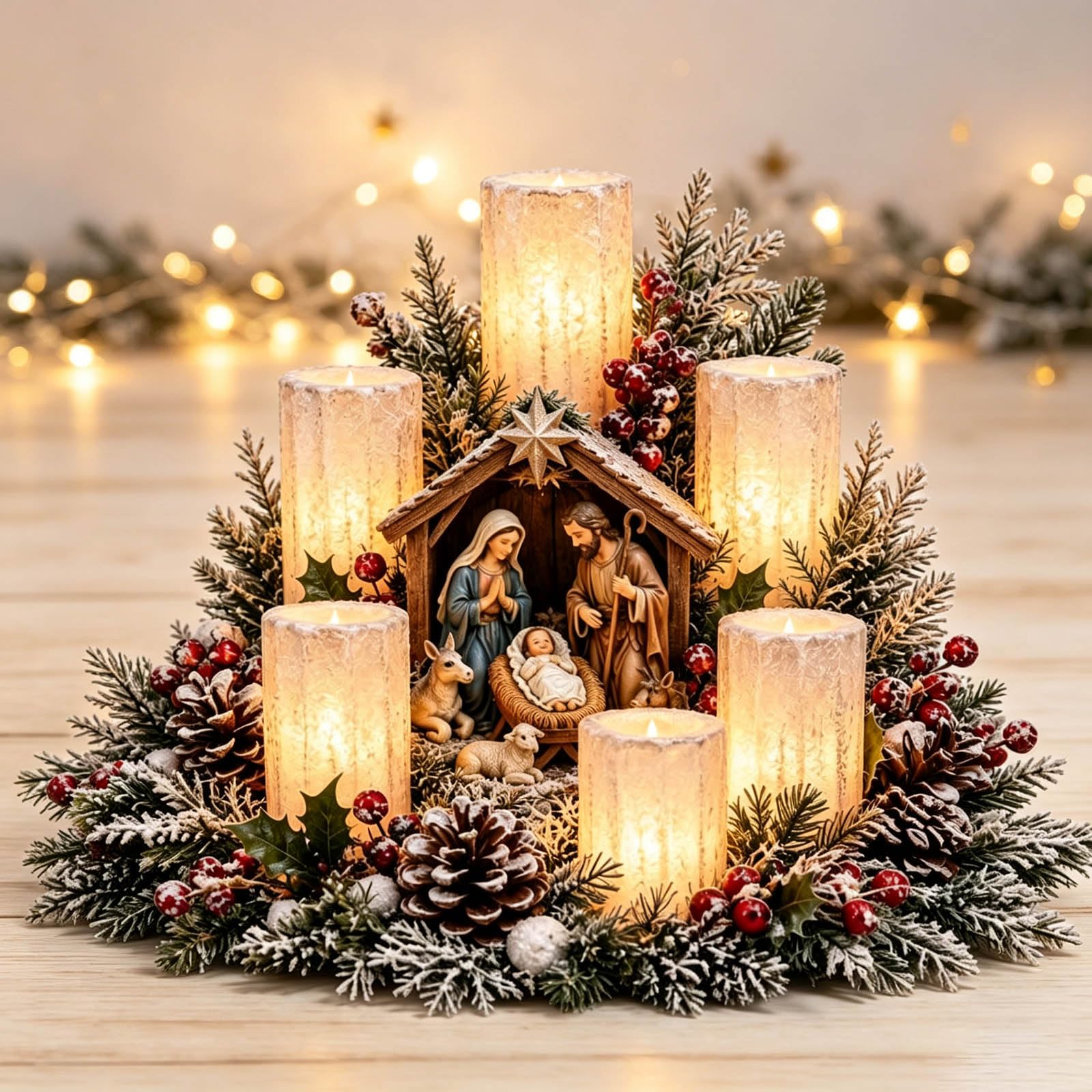 Christmas Lighted Centerpiece with Flameless Candle Glow (# C)