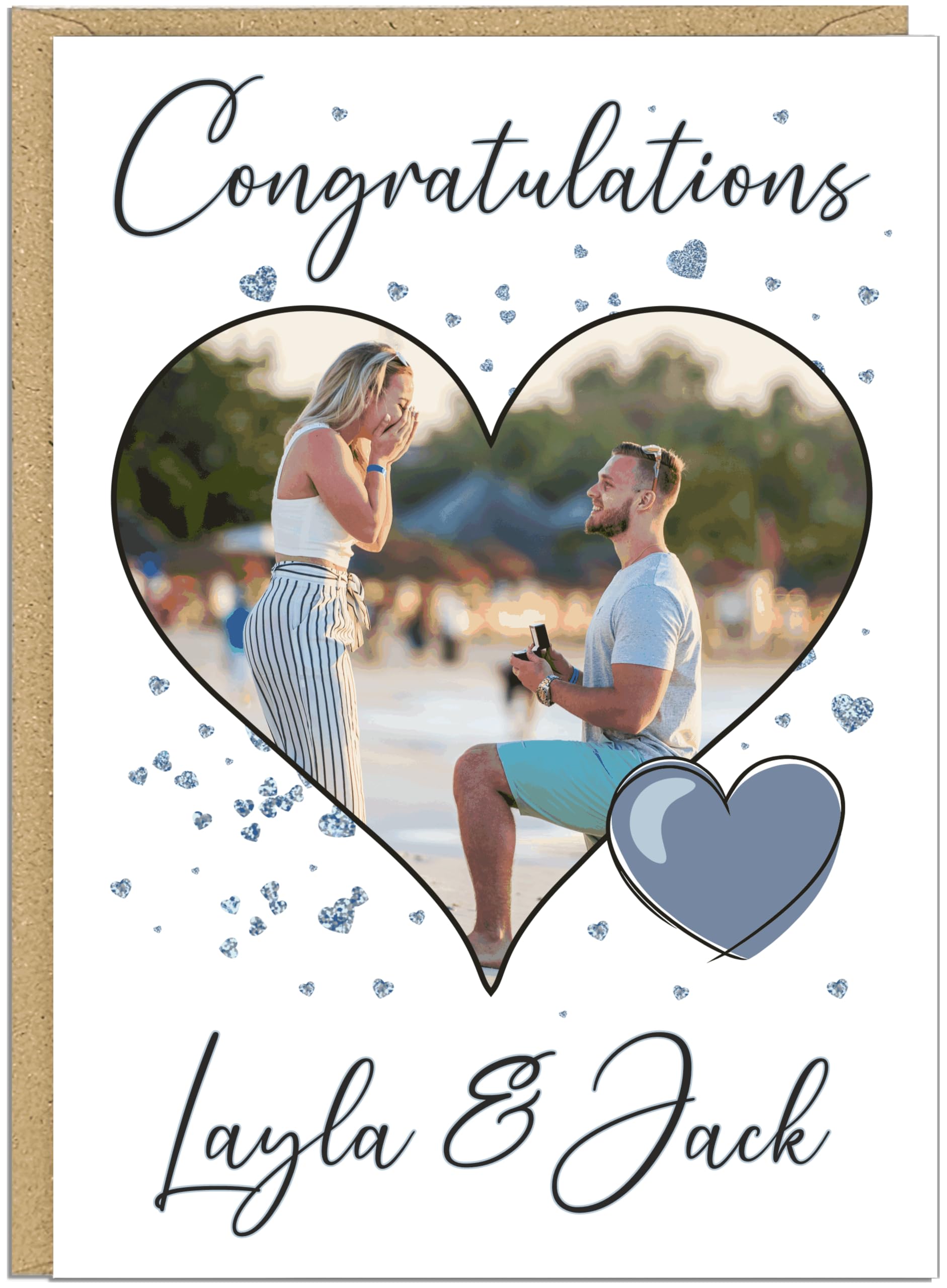Couples Personalised Engagement Photo Cards - Colour Choice and Own Text Custom Heart Photo Upload Congratulations Card - For Him For Her Celebration Keepsake Engaged Gift, Blue