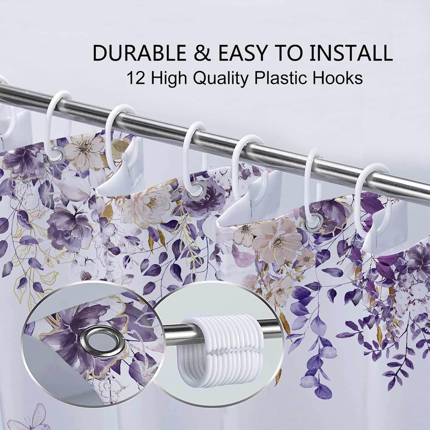 Purple Floral Shower Curtain, Pink Purple Flower Butterfly Plant Gold Leaves Botanical Bathroom Set, Watercolor Rustic Country Bath Curtain Bathtub Accessories Home Decor, 70X85IN