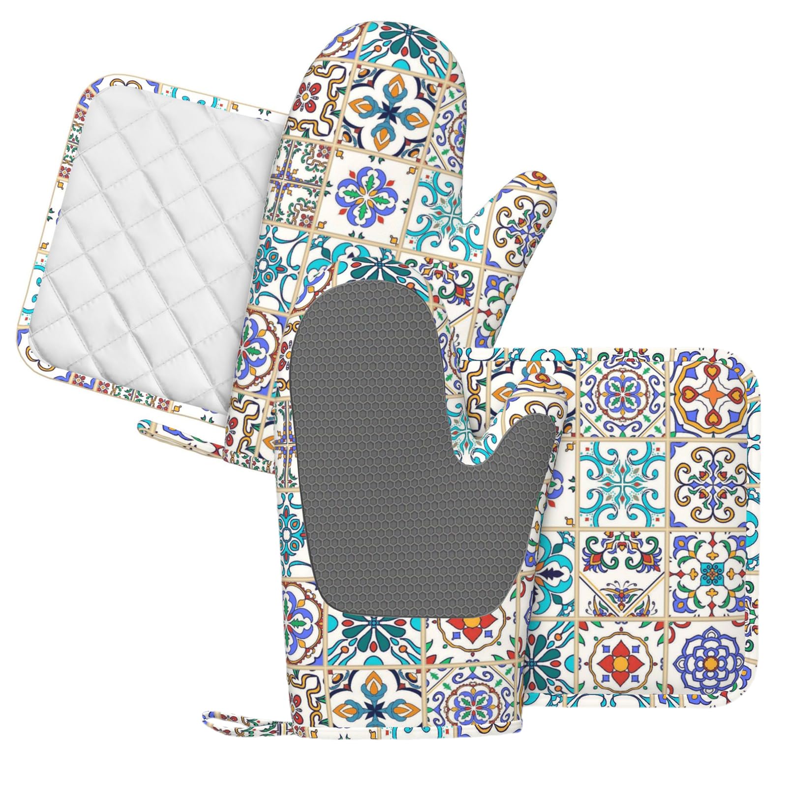 Boho Talavera Lot de 4 maniques et maniques à carreaux mexicains et ethniques exotiques résistants à la chaleur Motif mandala coloré Pour cuisine, pâtisserie, grillades et barbecue