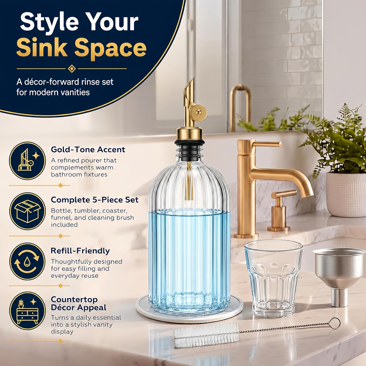 Mifoci Glass Mouthwash Dispenser for Bathroom Countertop, 14oz Luxury Refillable Mouthwash Container Bottle with Cup, Flip Spout, Stainless Steel Funnel, Coaster for Bathroom Decor Accessories, Clear