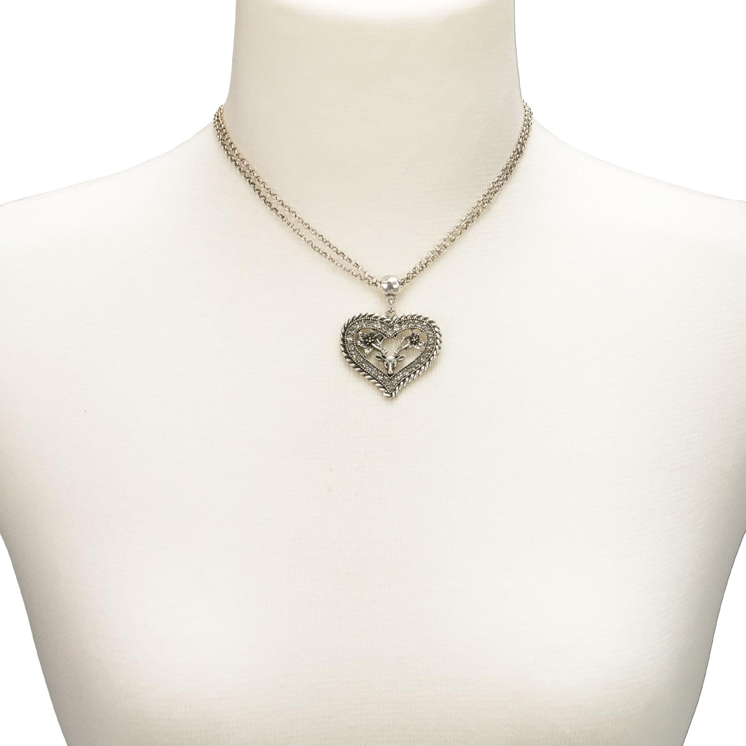 Alpenflüstern Bavarian Necklace Rhinestone Heart with Deer (antique silver-coloured) - Traditional German Pendant Necklace, Charivari, Bracelet - Image 4