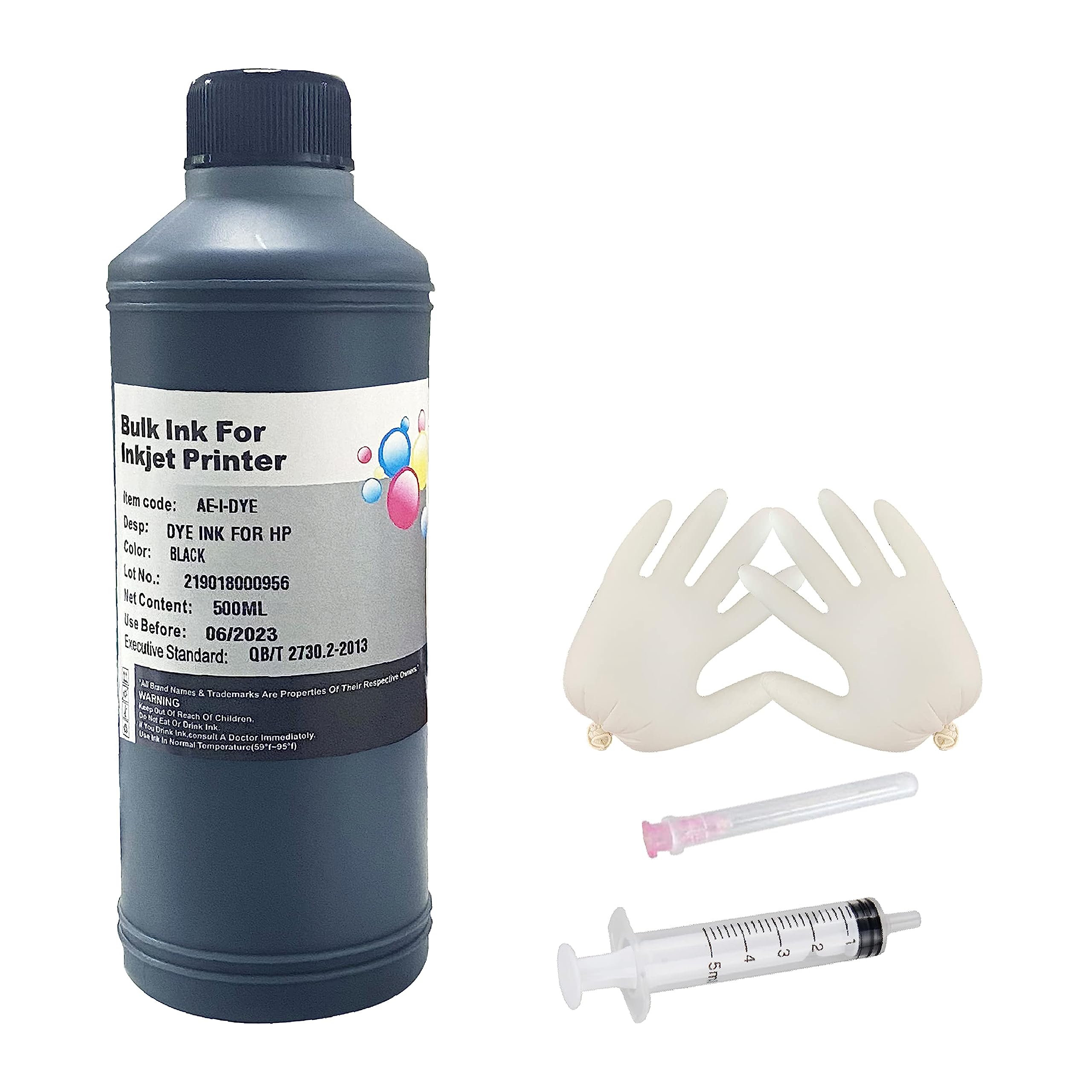 Black Ink Refill Ink Kit Dye Ink 500ml Compatible with HP Inkjet Printers Refillable Cartridge CISS CIS System (16.9 oz) with Syringe & Glove