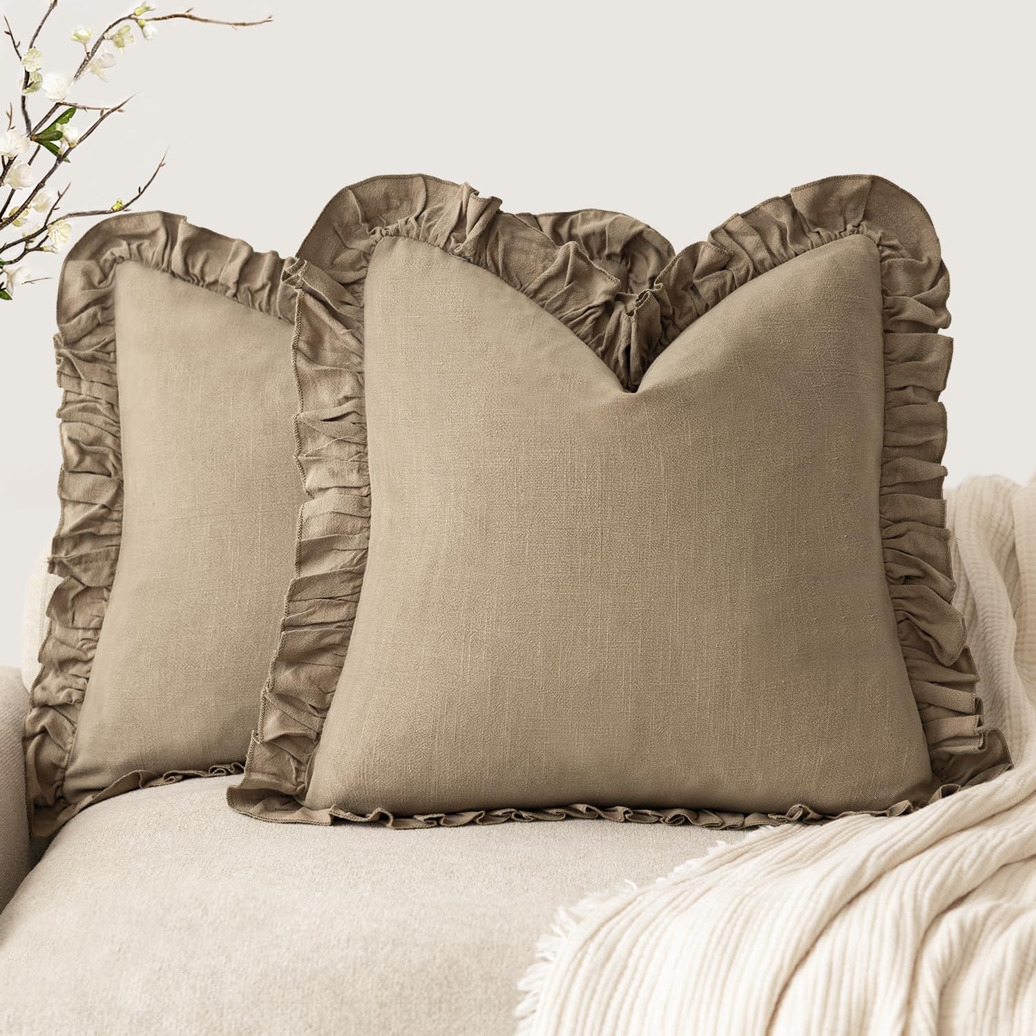 Foindtower Set of 2 Decorative Soild Fringe Ruffle Throw Pillow Covers Soft Boho Farmhouse Cushion Cover Cozy Accent Retro Pillowcase for Couch Sofa Bed Living Room Home Decor,20×20 Inch,Light Brown — image 1