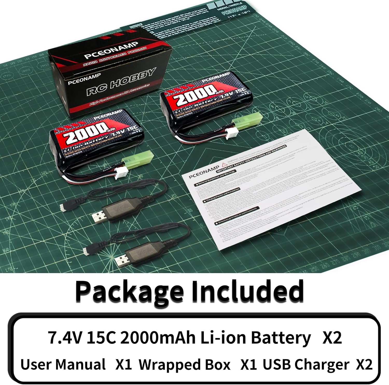 7.4V Li-ion Battery 2000mAh 2S Rechargeable High Capacity RC Battery with 2 USB Charger Cable for Remote Control Boat