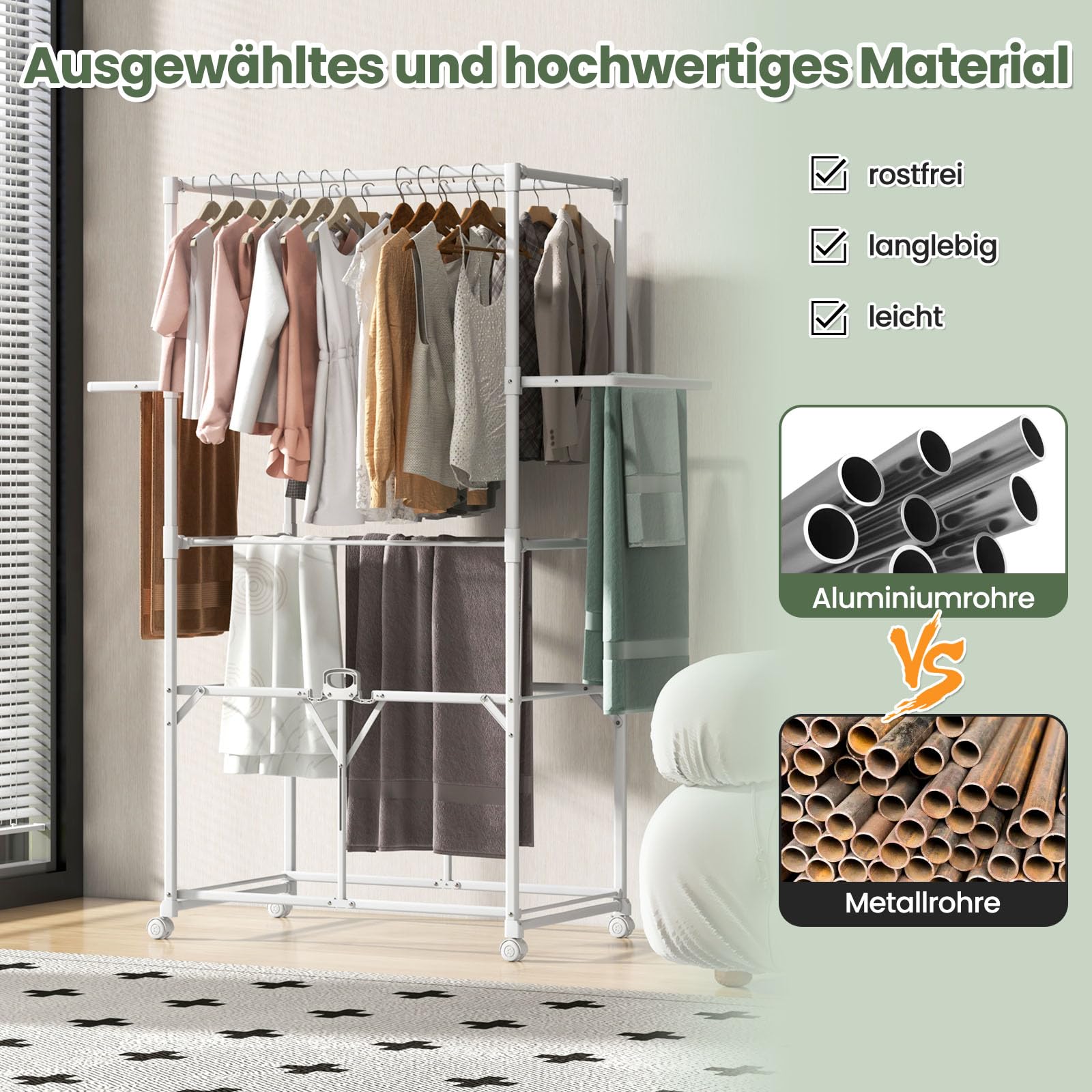 COSTWAY Klappbarer Wäscheständer, Wäschetrockner Alu mit Aufhängevorrichtungen & Trockengestellen, Universalrollen mit Bremse, Kleiderständer platzsparend für Innen- & Außenbereich, Weiß