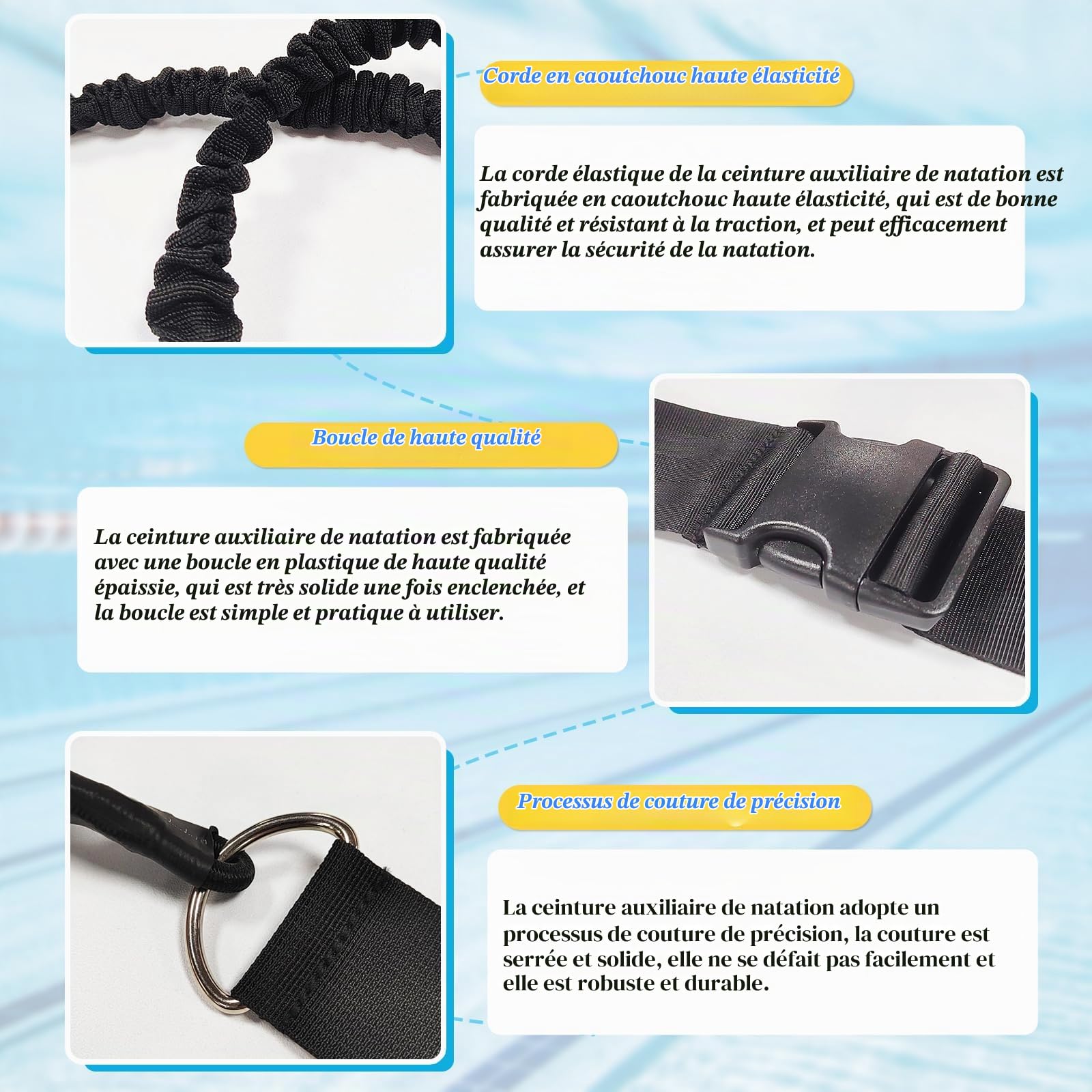 Ceinture de Natation pour Piscine, SilverChry 2.5~7.5M élastique pour Nage Piscine, Sangle Natation Piscine, élastique Résistance Natation, pour l'entraînement à la Résistance, la Vitesse