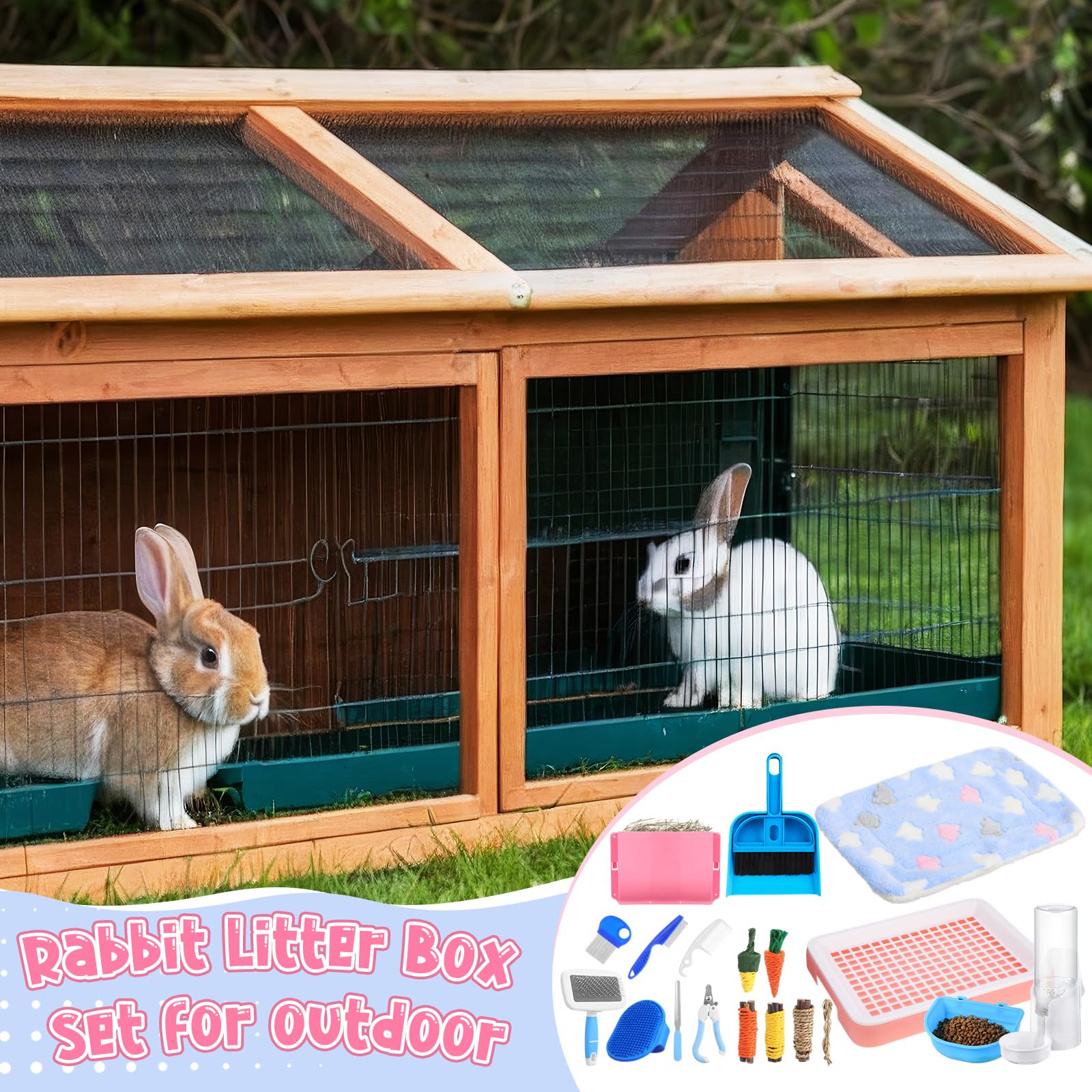 19 Pcs Rabbit Starter Kit Small Bunny Litter Box Rabbit Grooming Kit Water Bottle Bunny Toys Hay Feeder Bowl Blankets with Cleaning Set for Guinea Pig Accessories (Pink-White,Strawberry Bear) - image 6