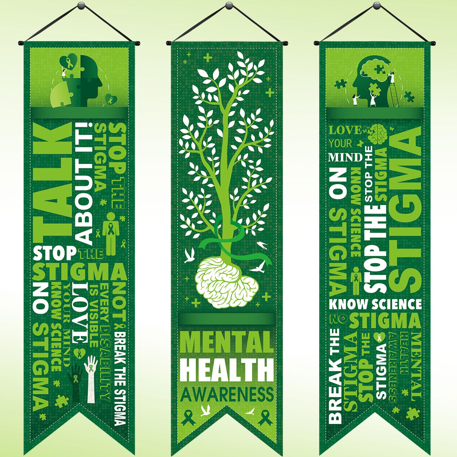 Blulu 3 Pcs Mental Health Awareness Banners Motivational Porch Signs 47''x12'' Inspirational Green Ribbon Awareness Banner Decorations for Indoor Outdoor Door Wall Mental Health Month Party Supplies
