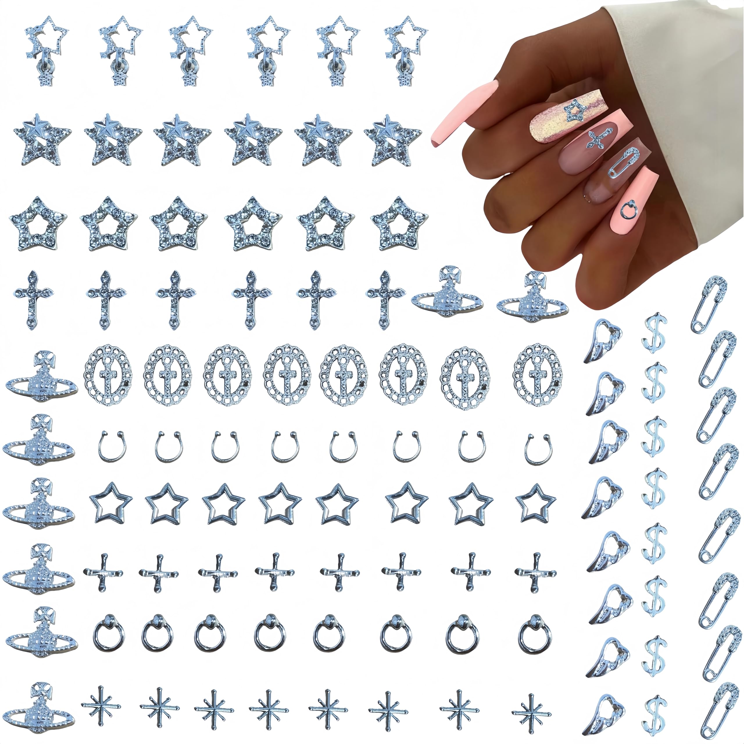 104PCS Y2K Alloy Nail Charms - Set of Silver Stars, Planets, Hollow Crosses & Gemstone Pins
