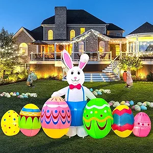 12 Ft Long Easter Inflatable Outdoor Decoration, Colorful Easter Bunny Eggs Blow Ups Yard Decoration LED Lights Decor for Holiday Party Garden Lawn