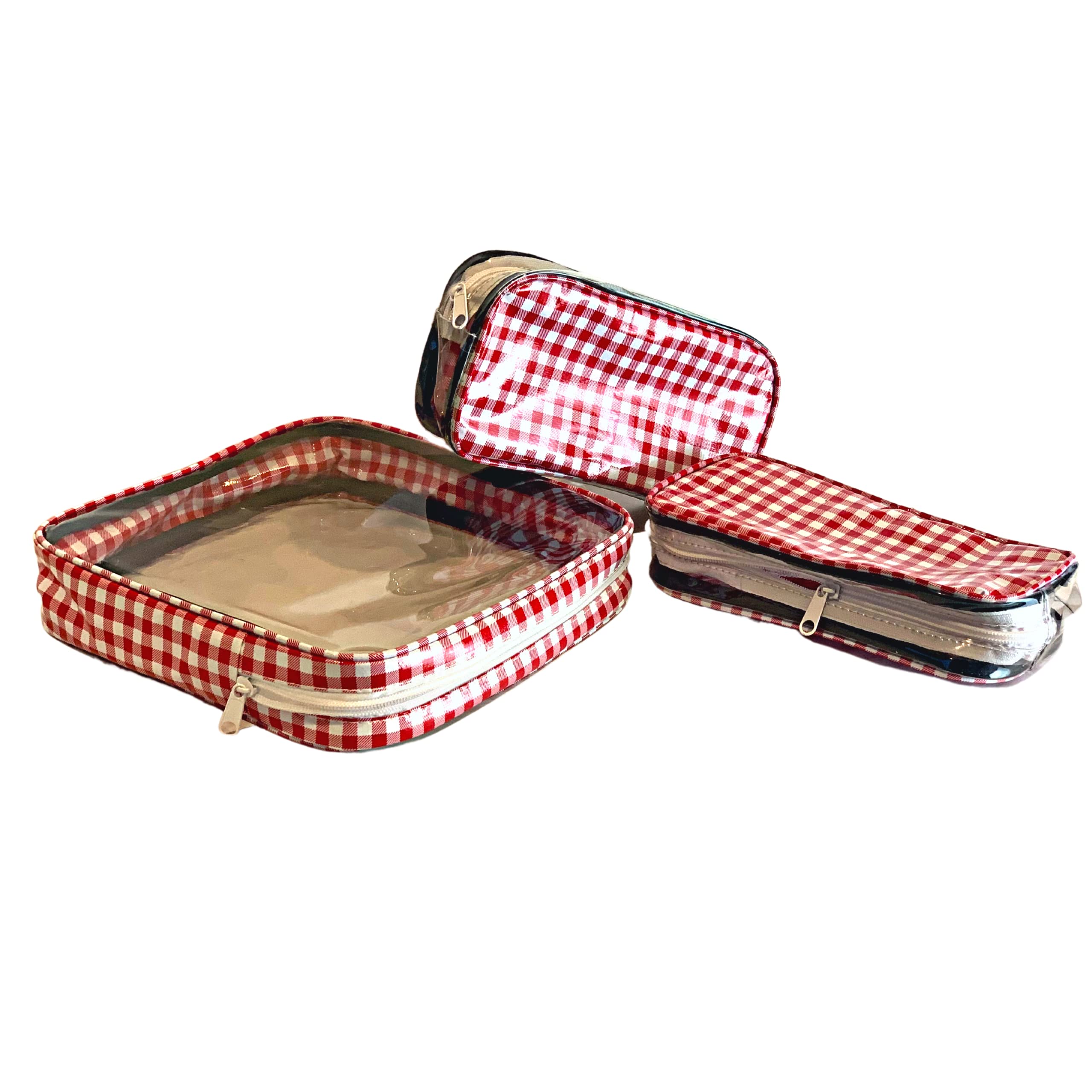 Alux Reise-Make-up-Taschen, wasserdicht, mehrfarbig, Reise-Kulturbeutel-Set, große und mittelgroße Make-up-Taschen für Reisen und Kosmetik, kleine Make-up-Tasche, 3-teilig, Vichy-Rot