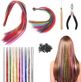 60 Stück Bunte Haarverlängerungs Set Kunst Haare Extensions Bunte Haarsträhnen Kinder Glitzer Haarsträhnen Haarteil Zange ...