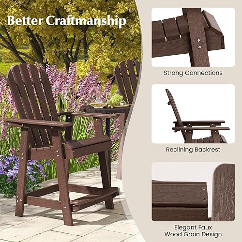 Miniatura 8 de Tangkula Taburete de bar para exteriores, silla Adirondack alta de polietileno de alta densidad con reposabrazos y reposapiés, resistente a la