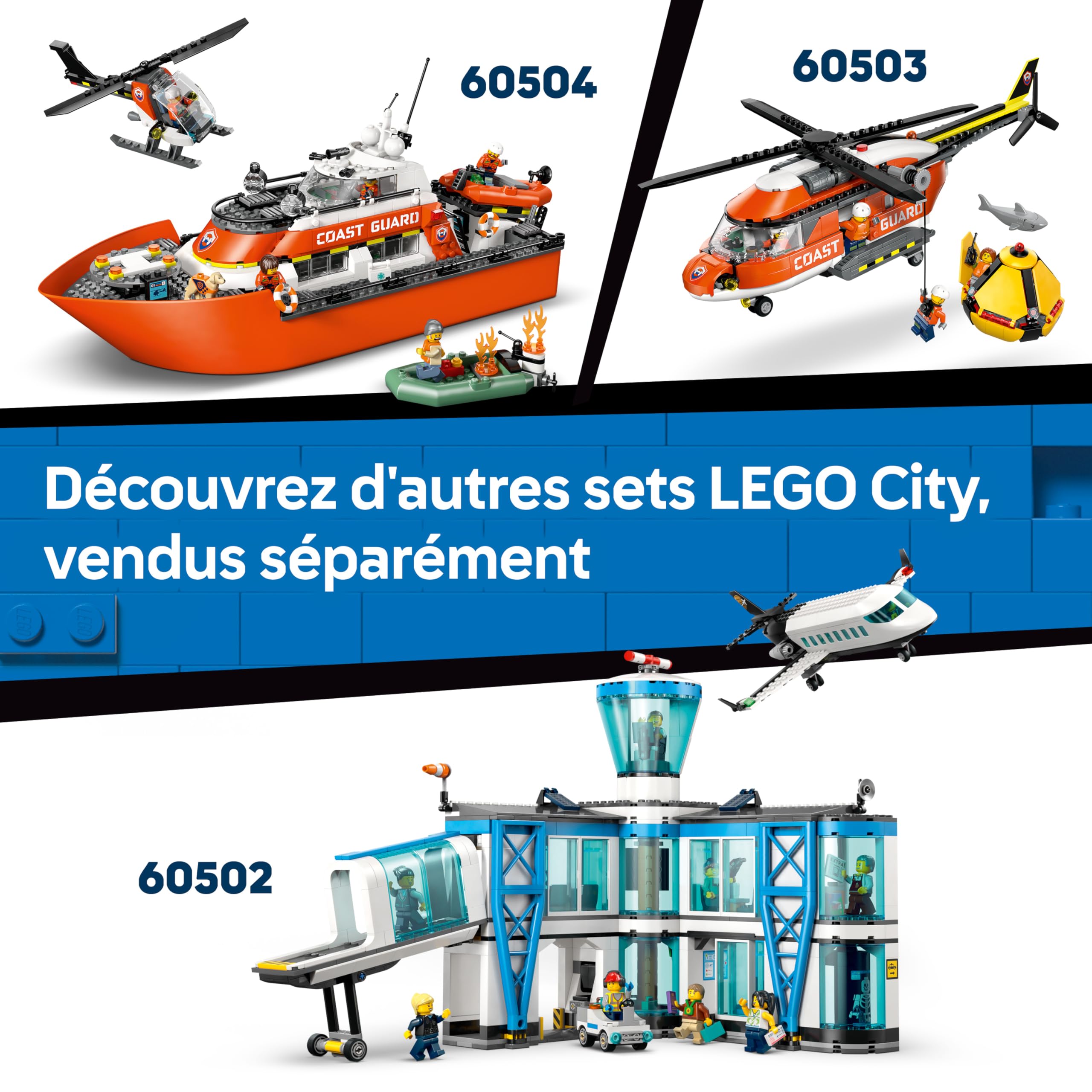 LEGO City 3-en-1 Avion, Camion d’Assistance et Aéroglisseur Modulable - Jeu de Construction - Maquettes de Véhicules de Secours à Combiner - 3 Minifigurines - Idée Cadeau STEM pour Garçon 7 Ans 60505