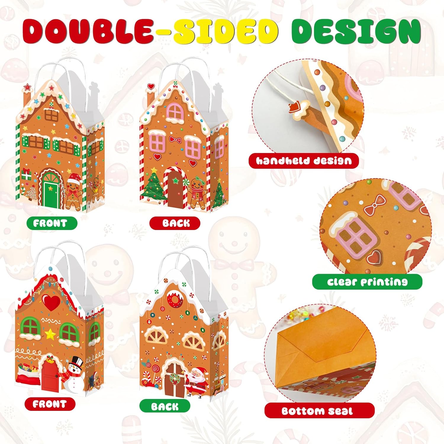 CIEOVO 24 Pcs Christmas Gingerbread House Candy Goodie Paper Gift Bags Candy House Treat Goodie Bags with Handles for Xmas Winter Holiday Baby Shower Party Decorations Supplies - Image 3