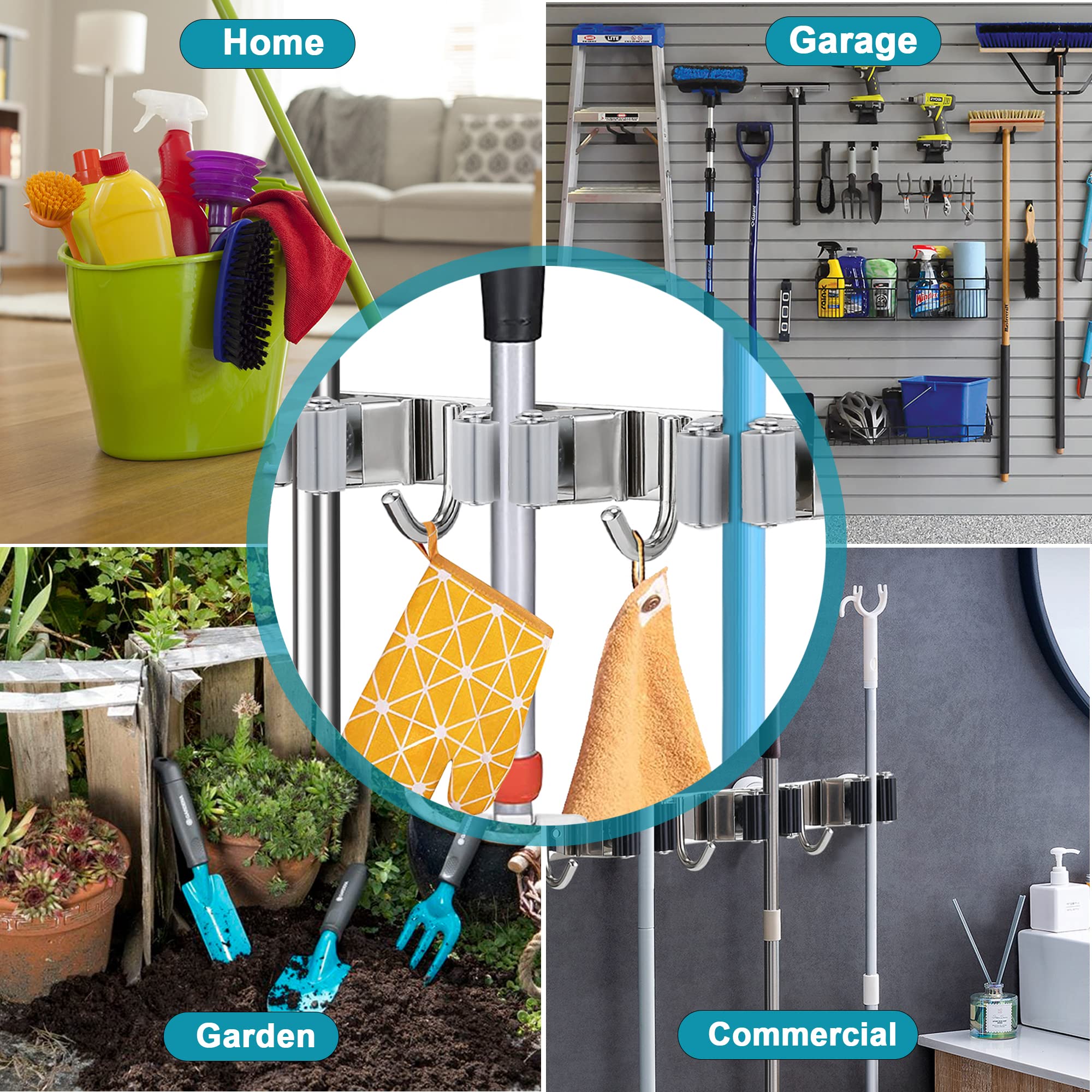 Soporte de pared para escoba, organizador de escoba de acero inoxidable y colgador de trapeador, organización de almacenamiento resistente para el hogar, cocina, jardín, garaje, 5 estantes y 7