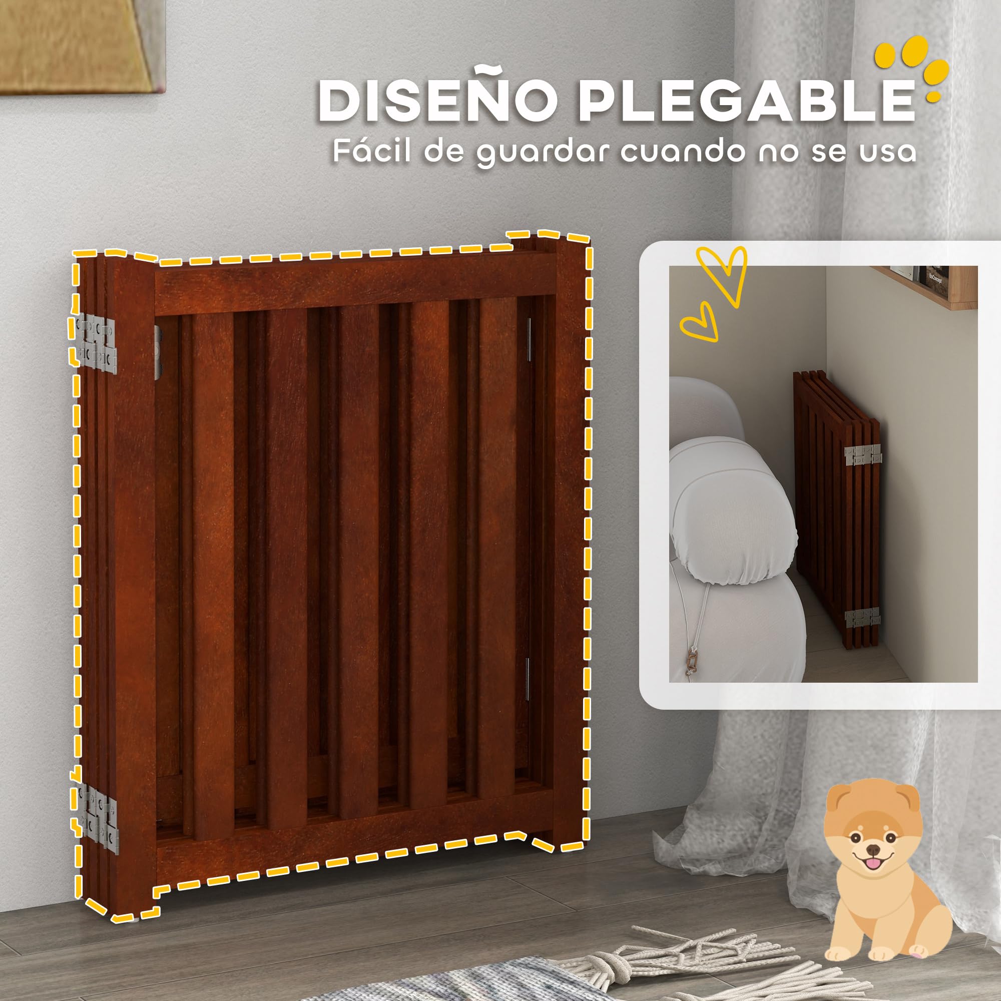 PawHut Barrera de Seguridad para Perros Plegable 205x30x60 cm Marrón | para Escaleras y Puertas, Valla para Perros Pequeños, 4 Paneles, Soporte de Pie, para Interiores