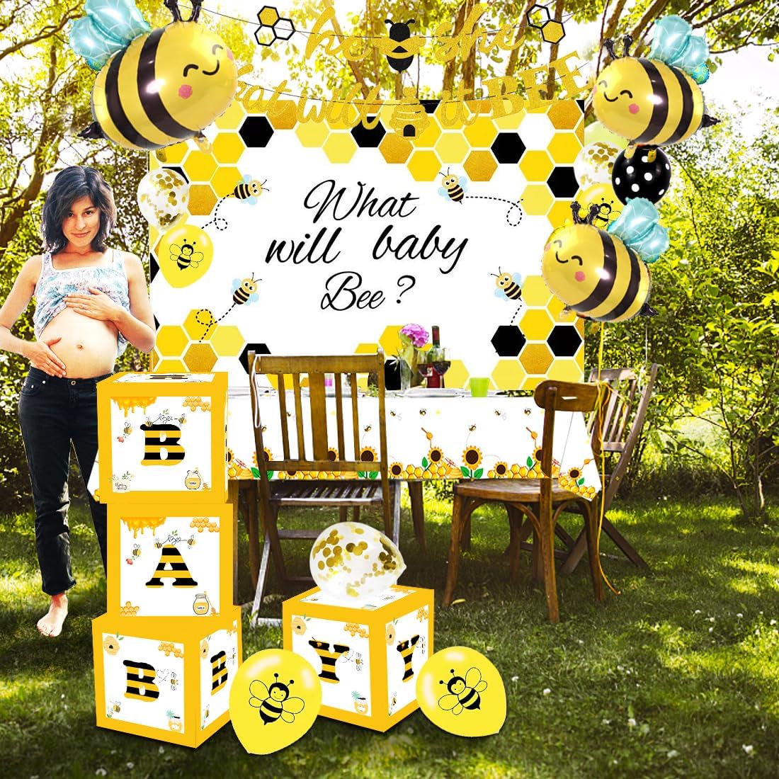 What Will It Bee Gender Reveal Party Decorations, Bumble Bee Baby Shower Supplies Include Banner, Tablecloth, Backdrop, Balloons, Boxes, Topper, Honey Bumble Bee Theme Party Decorations
