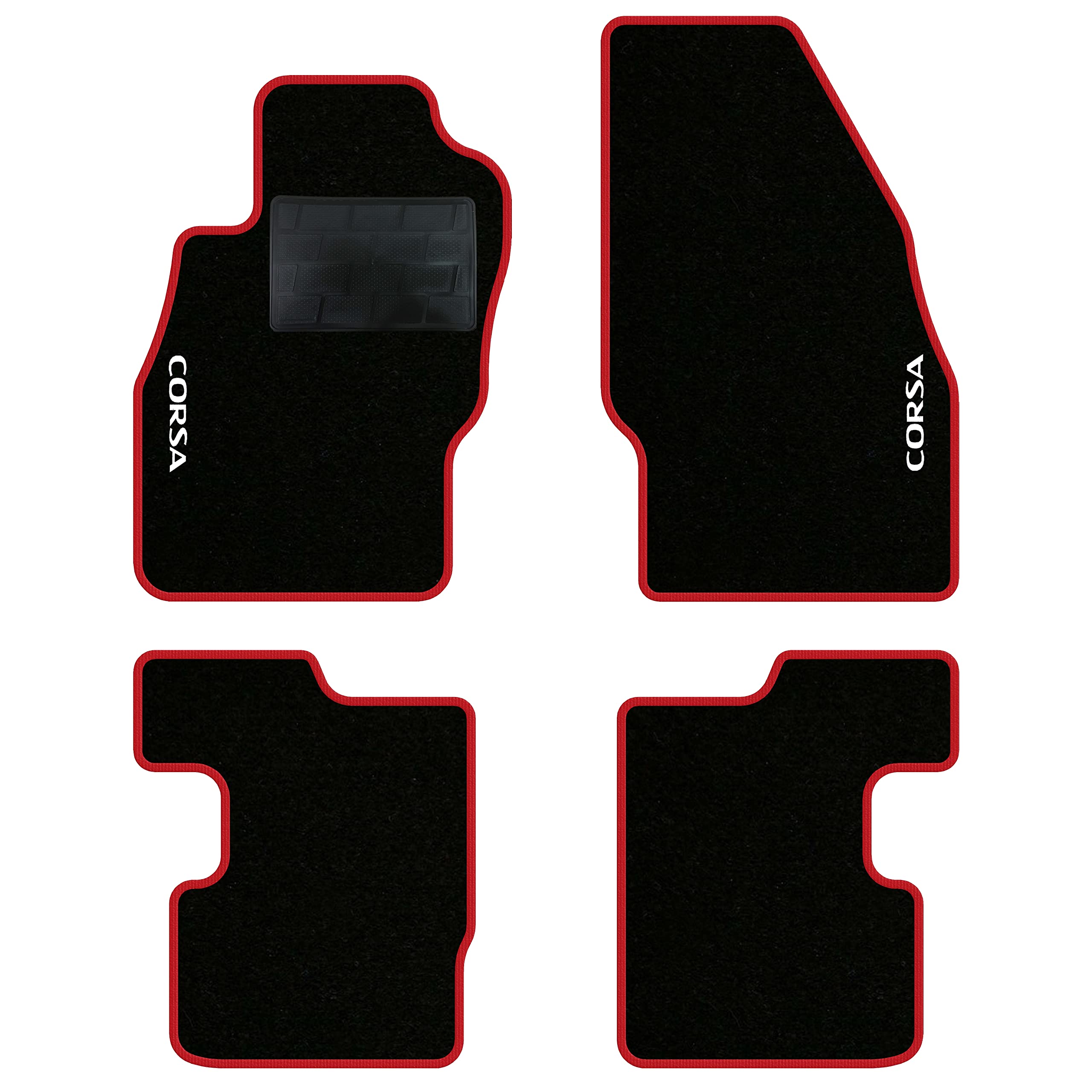 QUEMAR Tappetini Auto per Opel Corsa D - E, Bordo Rosso, 2 Ricami | 2006-2019 / Kit Tappeti Moquette e Gomma su Misura / Set 2 Anteriori + 2 Posteriori / Ricami e Colori Personalizzati