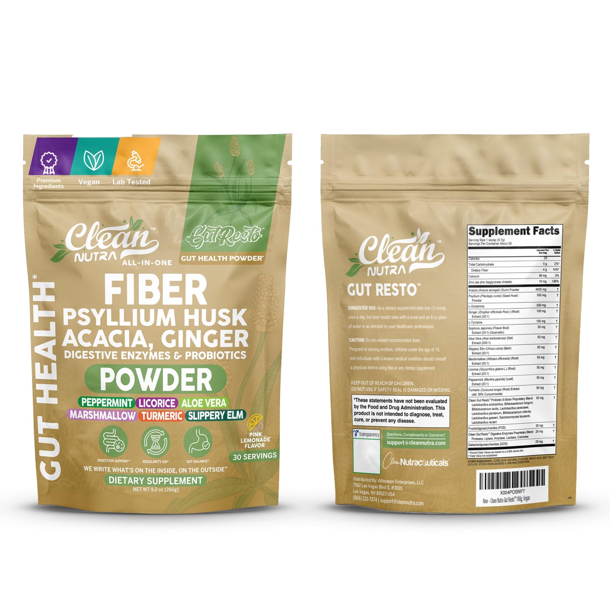 GutResto Fiber Supplement Psyllium Husk Powder Probiotic Gut Health Digestive Enzymes Prebiotic L-Glutamine Slippery Elm Aloe Vera Marshmallow Root Turmeric Ginger Peppermint by Clean Nutra 30 Svgs — Amazon image 5