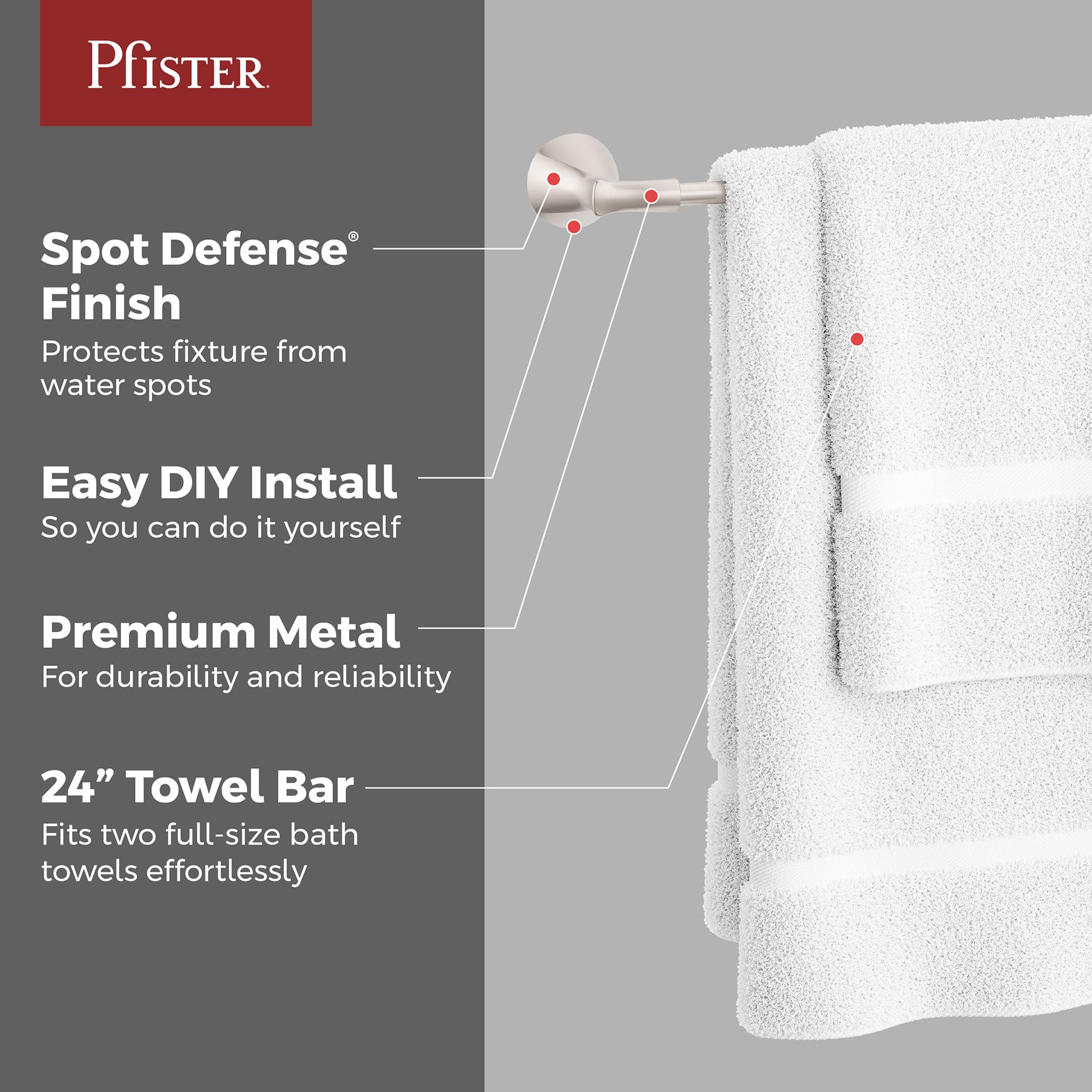 Pfister Willa BTBWLL2GS - Barra portasciugamani da bagno, 61 cm, montaggio a parete, avvitabile, finitura in nichel spazzolato Spot Defense