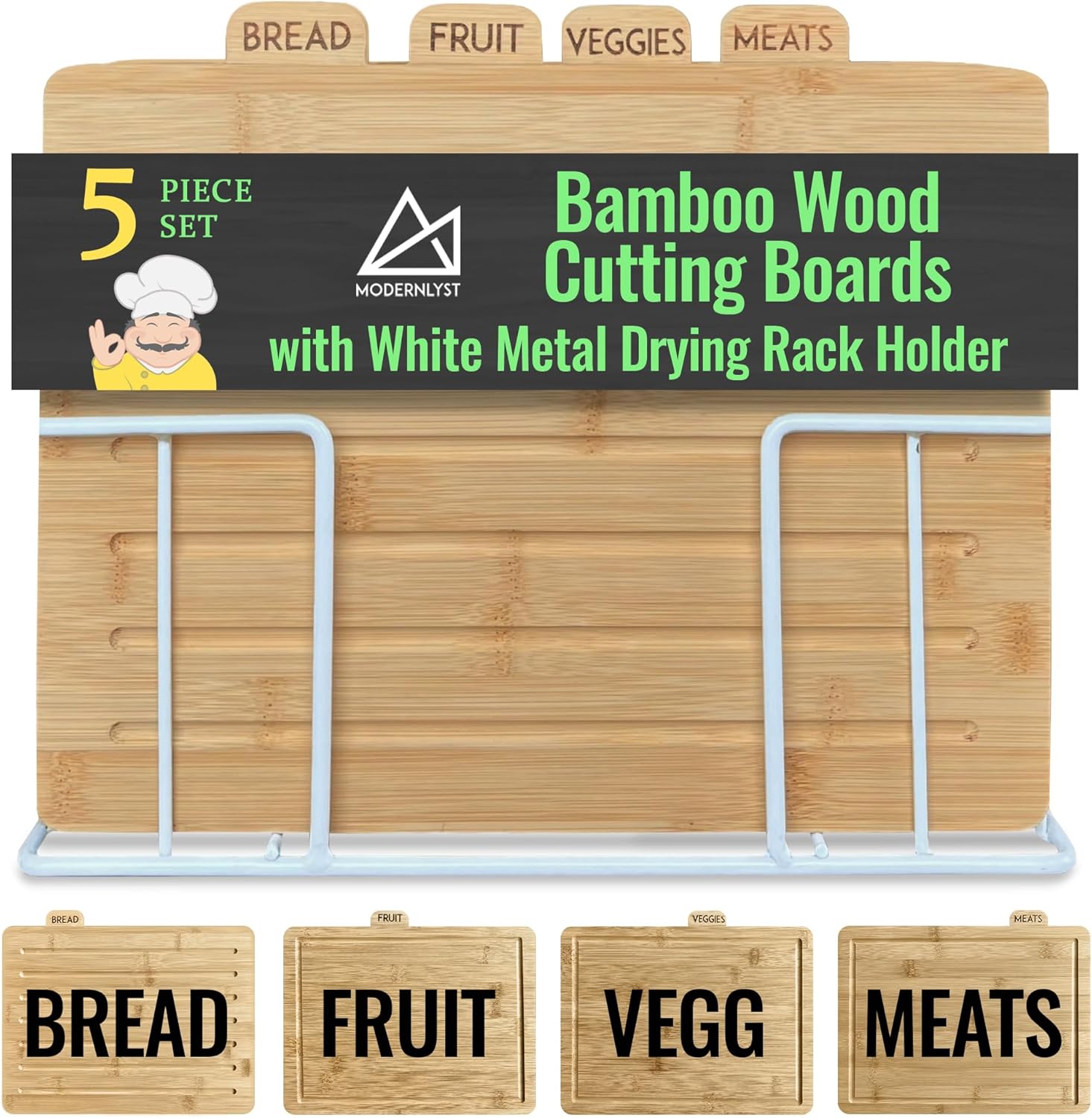 Acacia Cutting Boards for Kitchen with Holder 13" x 11" x 2.5" | Labeled Wood Cutting Board Sets | Large Wooden Cutting Board Set of 4 with Black Organized Stand | Non Toxic Chopping Board