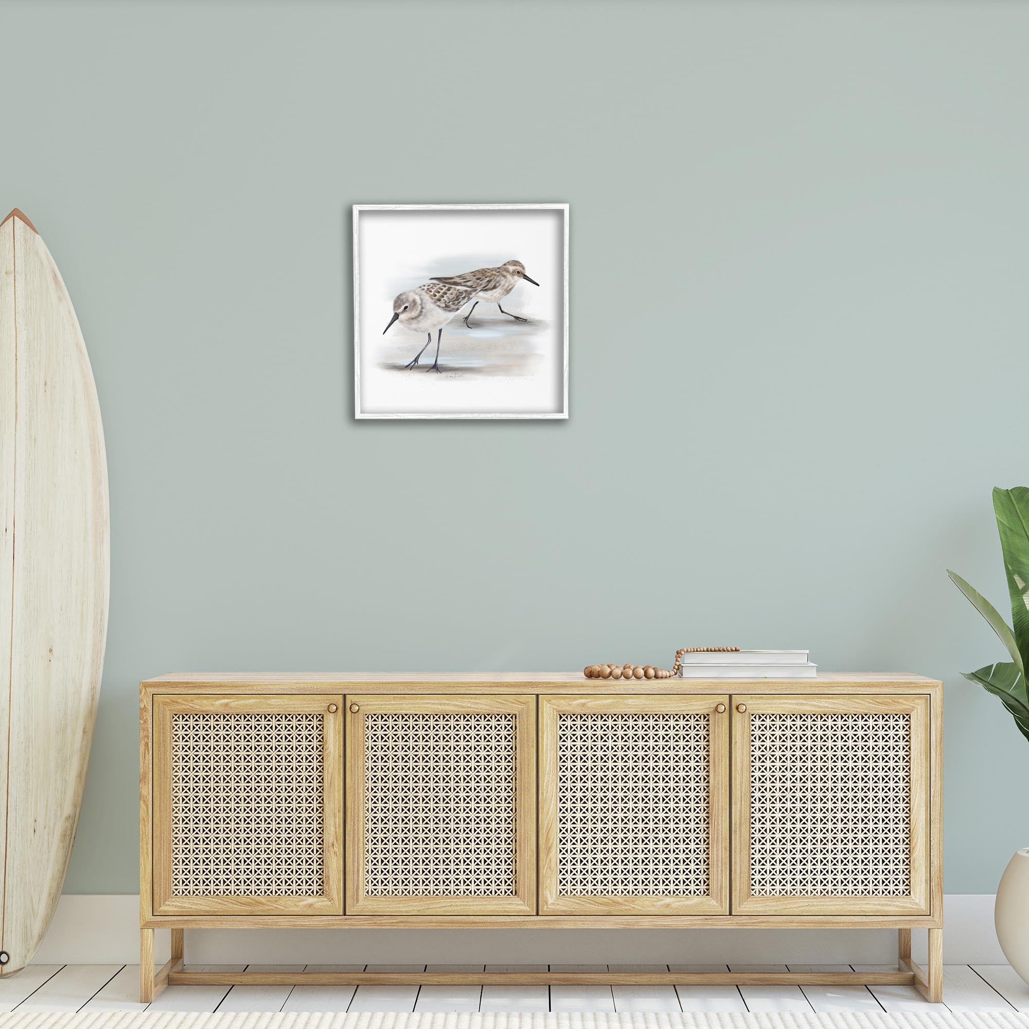 Stupell Industries Sandpiper Pair on Sandy Beach Small Nautical Birds, Designed by Studio Q White Framed Wall Art, 24x24, Gray