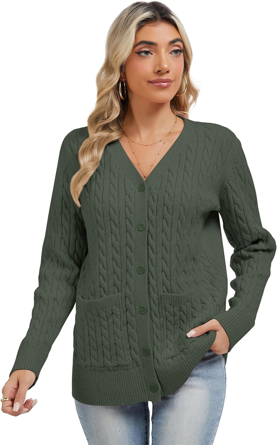 QUEZHU Women's Cable-Knit Cardigan Sweater V-Neck Winter Warm Cardigans - Image 4