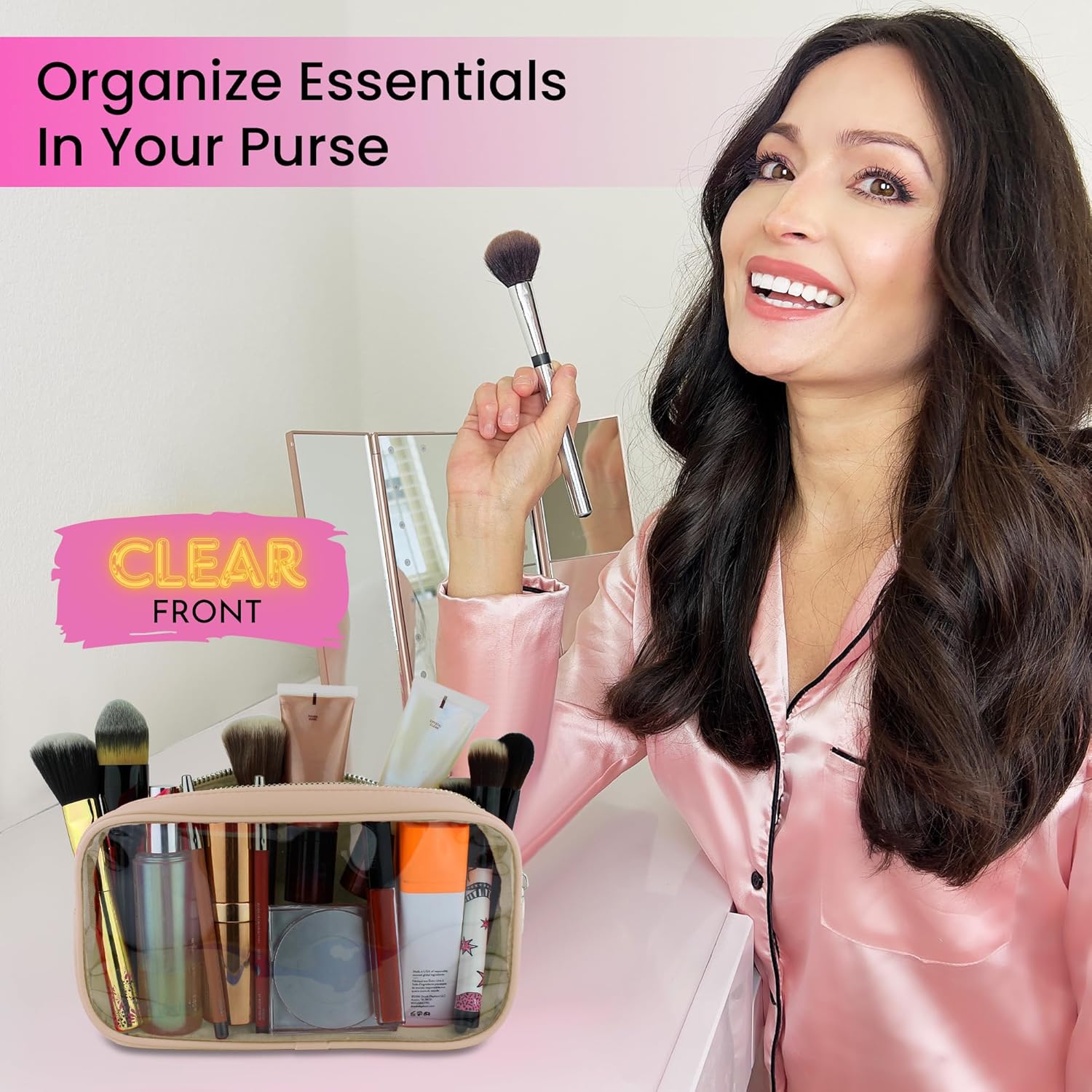 DANCOUR Clear Makeup Bag, Beige Mini Makeup Bag for Purse, Small Clear Cosmetic Bag, Pouch Organizer, Travel Cosmetic Case, Mini Pouch for Purse, Beige - Image 2