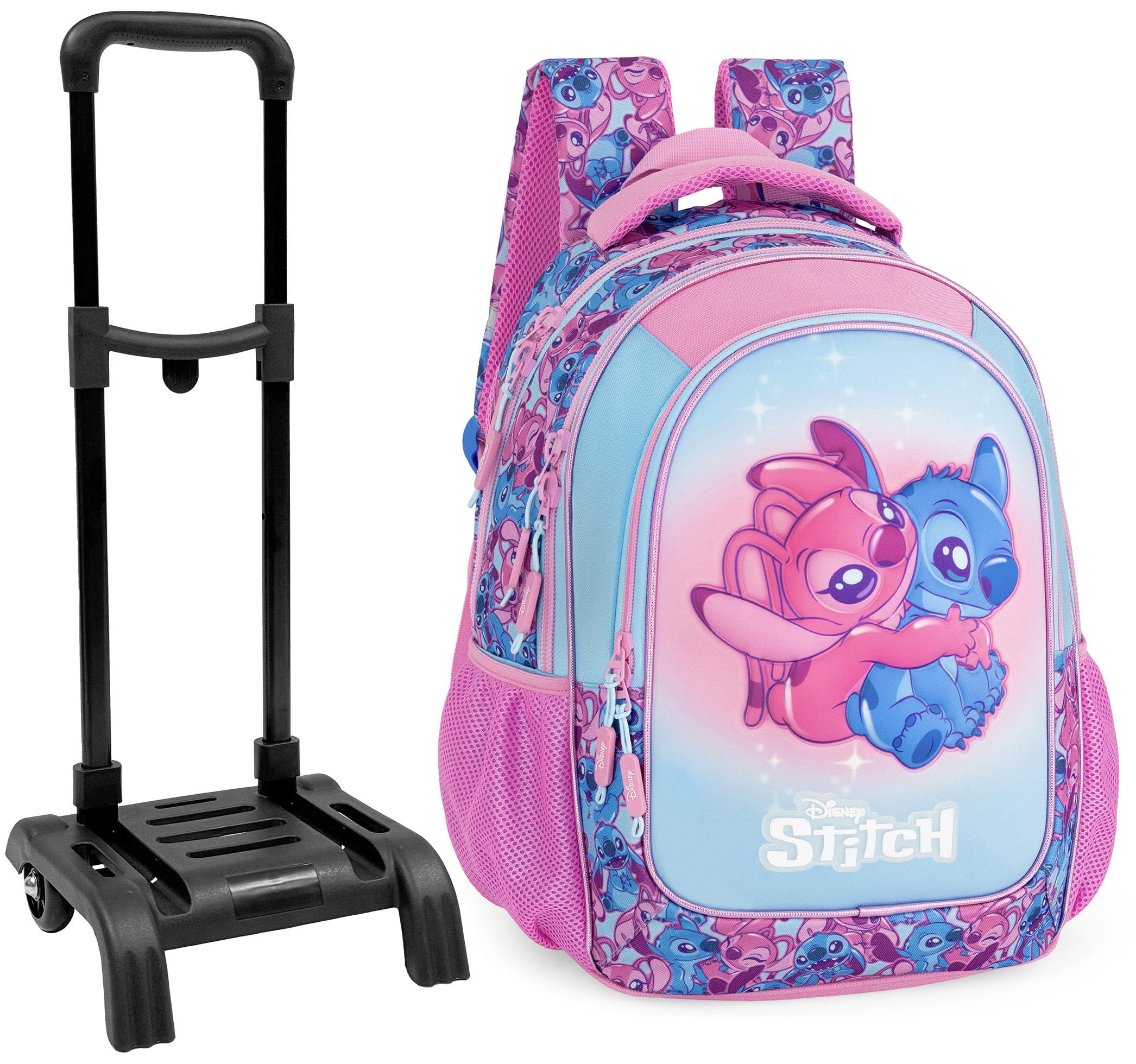 Clondo Set Scuola 2 Pezzi Per Stitch Fan Zaino Trolley Scuola 2in1 Ergonomico + Astuccio 3 Scomparti Completo (46 Accessori)