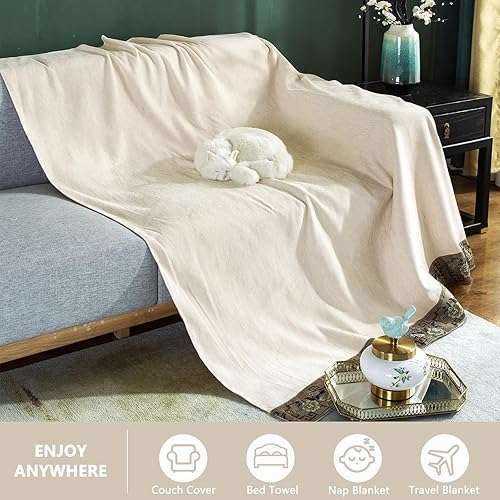 Miniatura 2 de DREAMINGO Funda beige para sofá de 3 cojines, borde jacquard damasco, funda de sofá de textura moderna de color sólido para sofá de 3 plazas, fundas