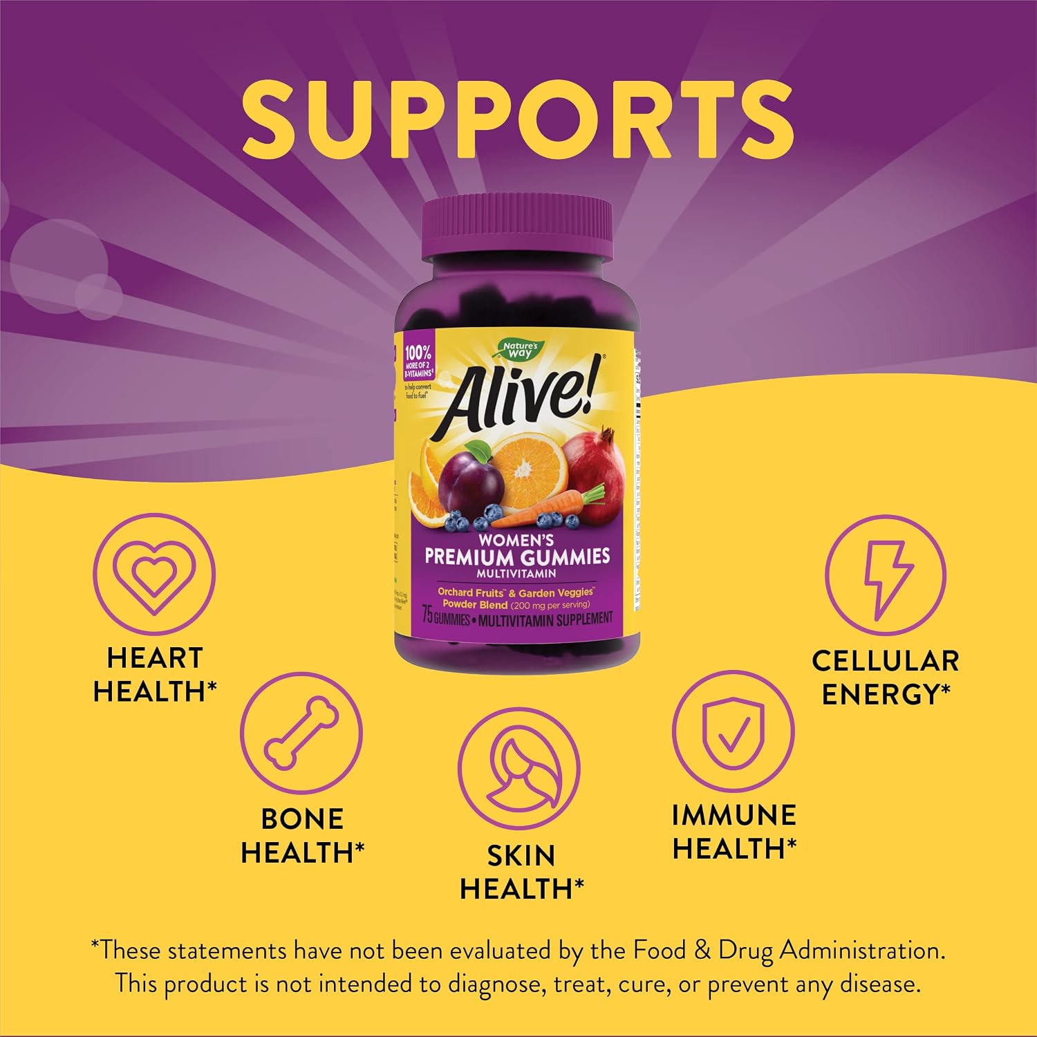Nature’s Way Alive! Premium Women’s Gummy Multivitamins, Essential Vitamins & Minerals, Supports Whole Body Wellness,* Vegetarian, Mixed Berry Flavored, 75 Gummies
