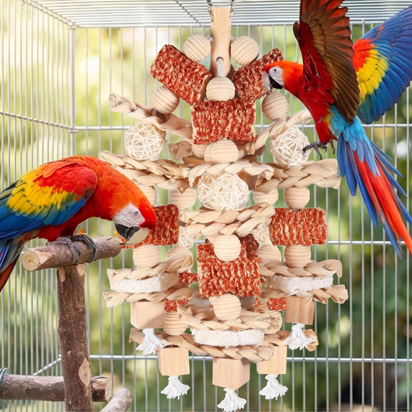 Giochi per Pappagalli in Legno Naturale, Giochi Pappagalli da Masticare con Blocchi di Legno Naturali Appesi per Small Medium parrocchetti Lovebirds fringuelli