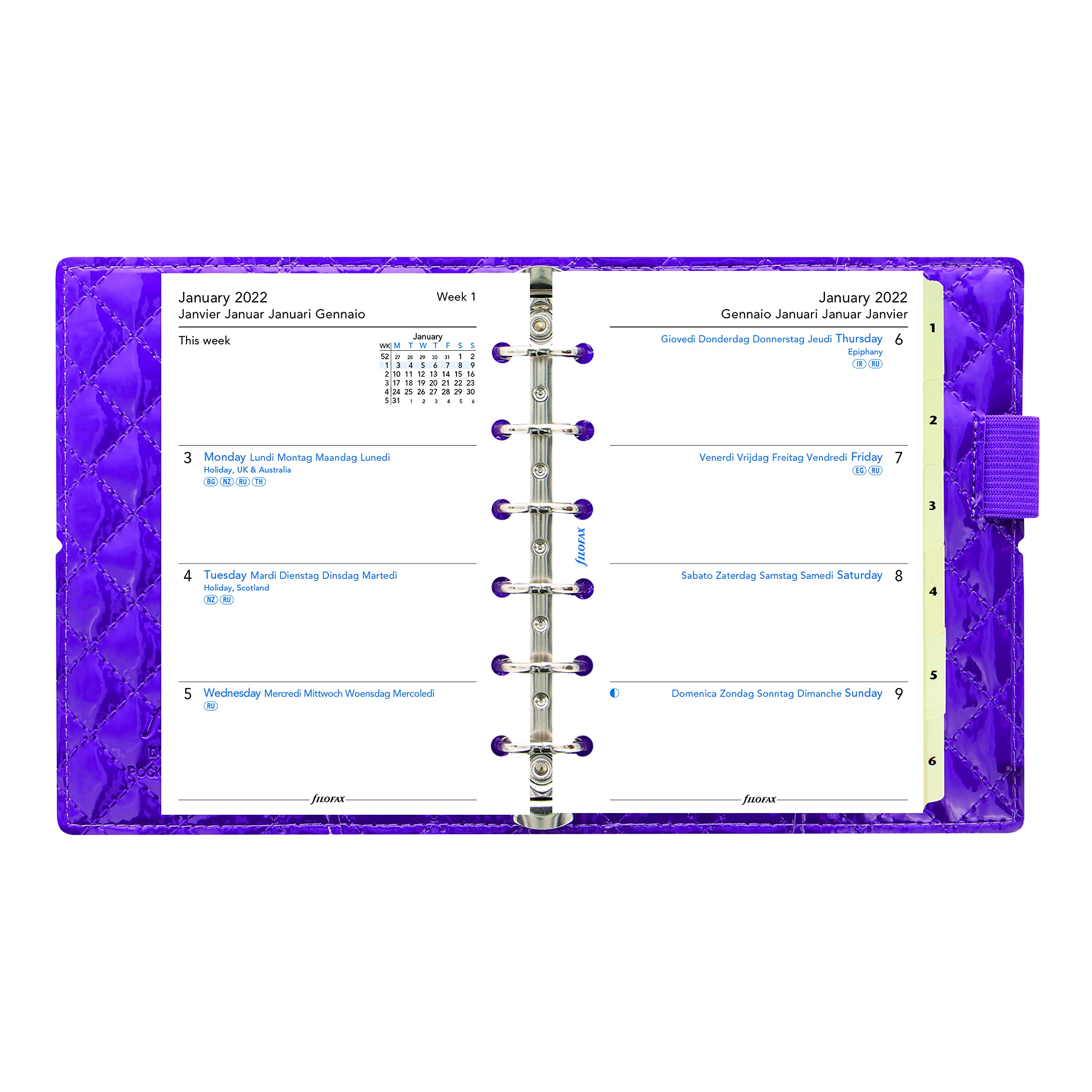 Filofax Domino Luxe Organizer, Taschengröße, Violett – Hochglanz, Bezug mit Steppeffekt, Pariser inspiriert, 6 Ringe, Wochenansicht, Kalender 2022 (C027992-22)