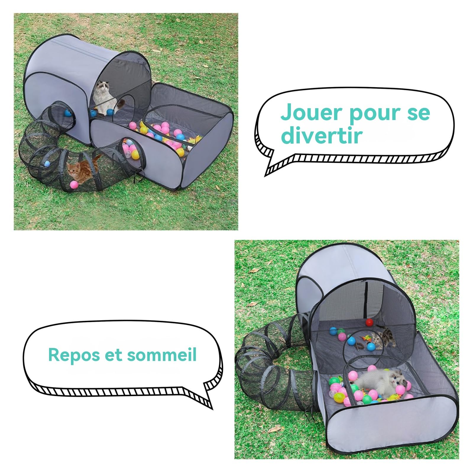 Parque al aire libre para gatos - Recinto para gatos - para exteriores - con diseño portátil - Casa de juegos interactiva con túnel - Accesorio portátil para mascotas para cachorros y pequeños