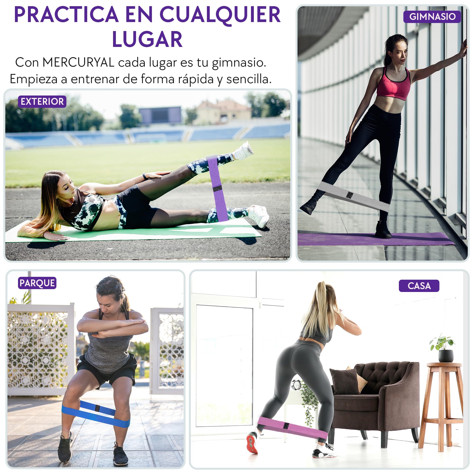 MERCURYAL Pack de 3 bandes élastiques Musculacion - Bandes élastiques Gluteos - Bandes élastiques Fitness Antidérapantes - Bandes Gluteo - Rubans élastiques Musculation (Noir, Bleu, Bleu Clair